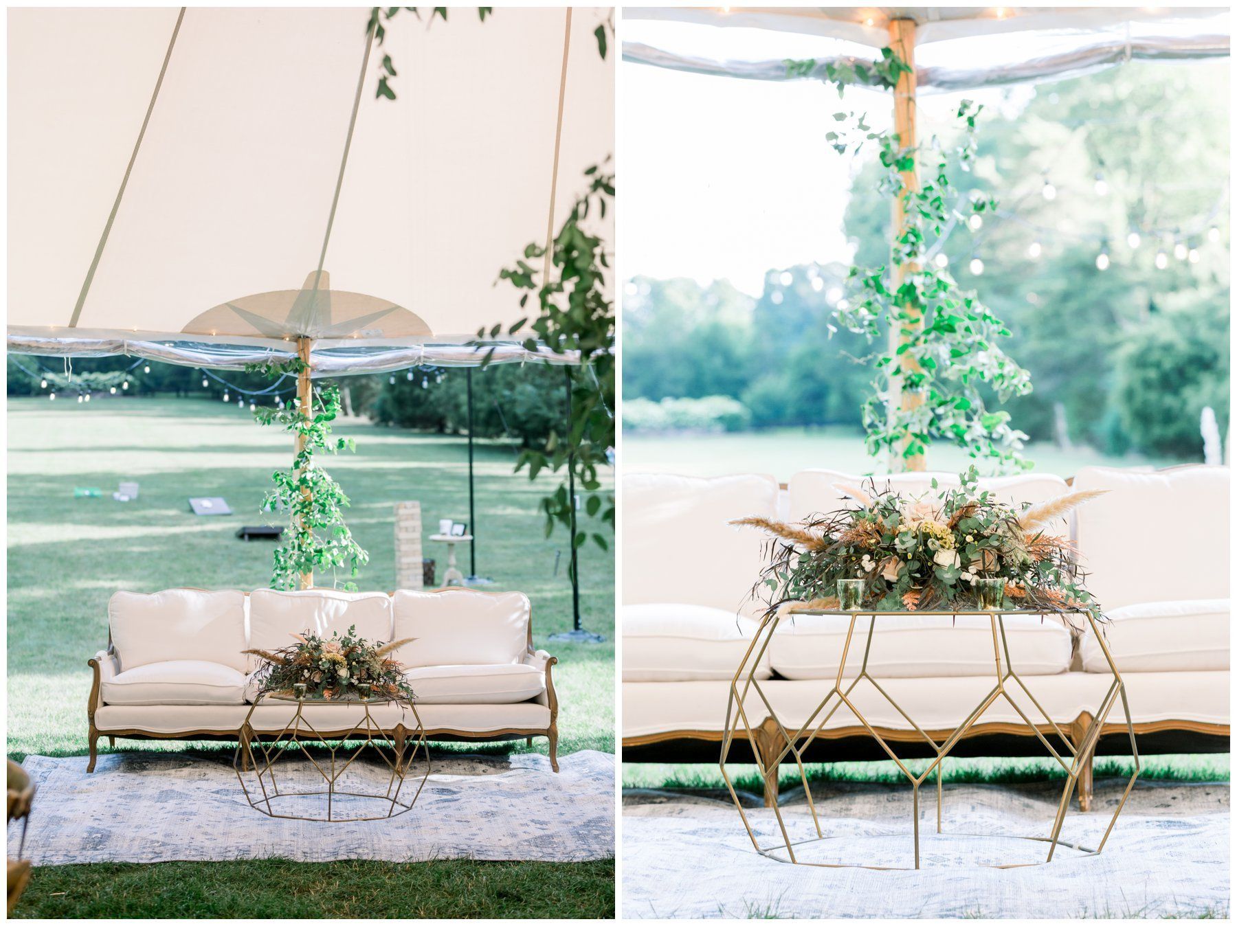 Boho outdoor lounge under a tent, with a white sofa and gold table by a lakeside backdrop