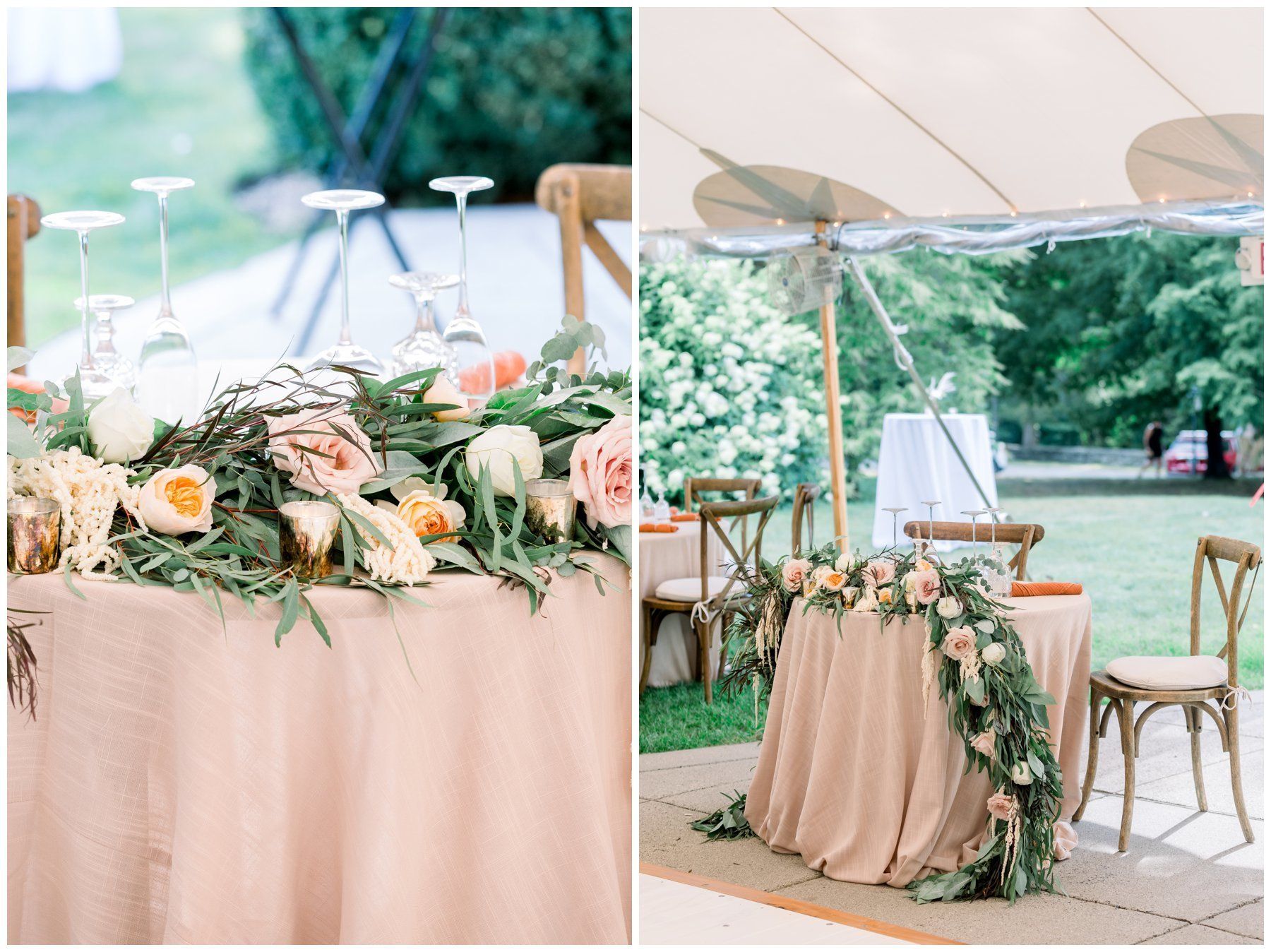 Outdoor wedding reception table with blush drape, white flowers, and greenery under a tent.