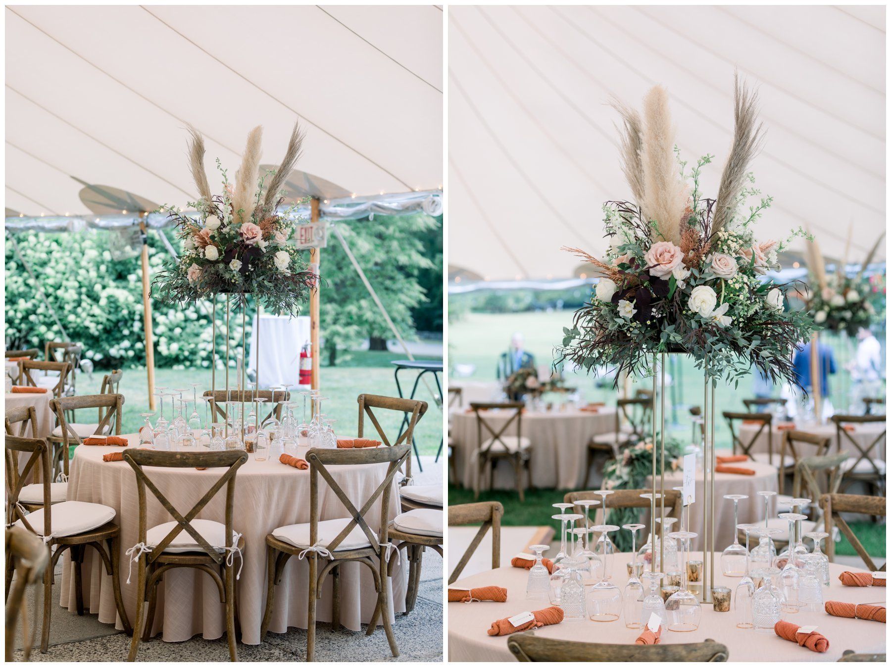 Elegant outdoor wedding reception tables with tall floral centerpieces and a lake view under a tent