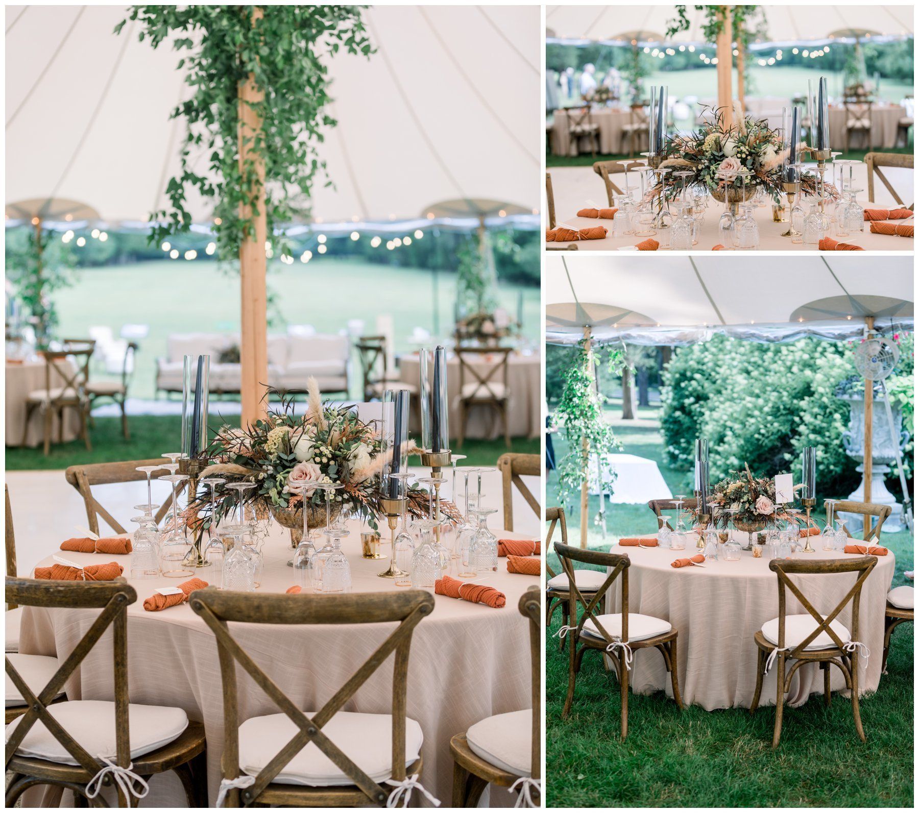 Elegant outdoor wedding reception table under a white tent with floral centerpiece and cross-back chairs