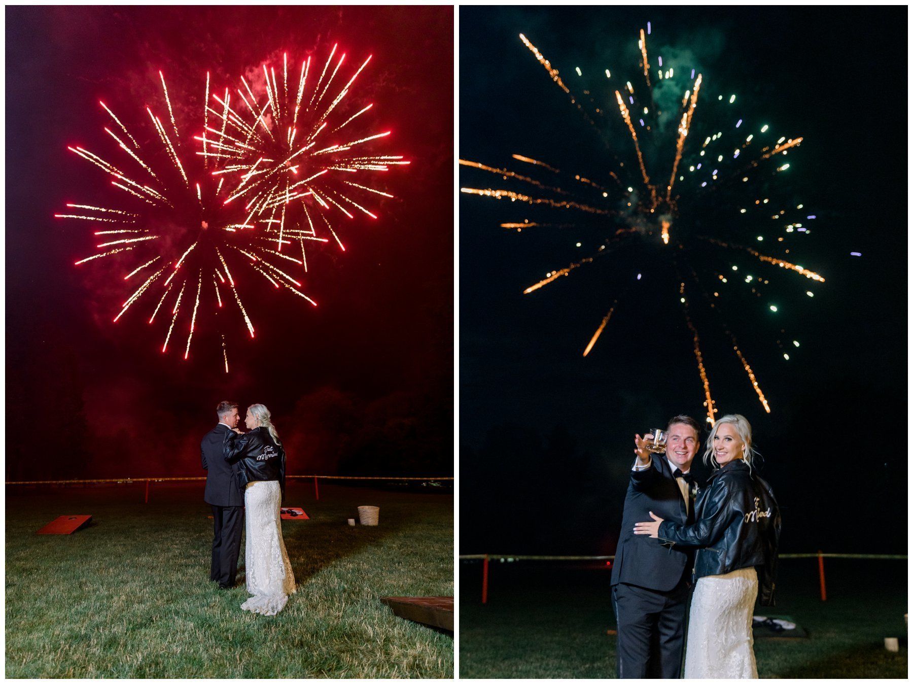 Couple embracing under red and gold fireworks at night outdoors