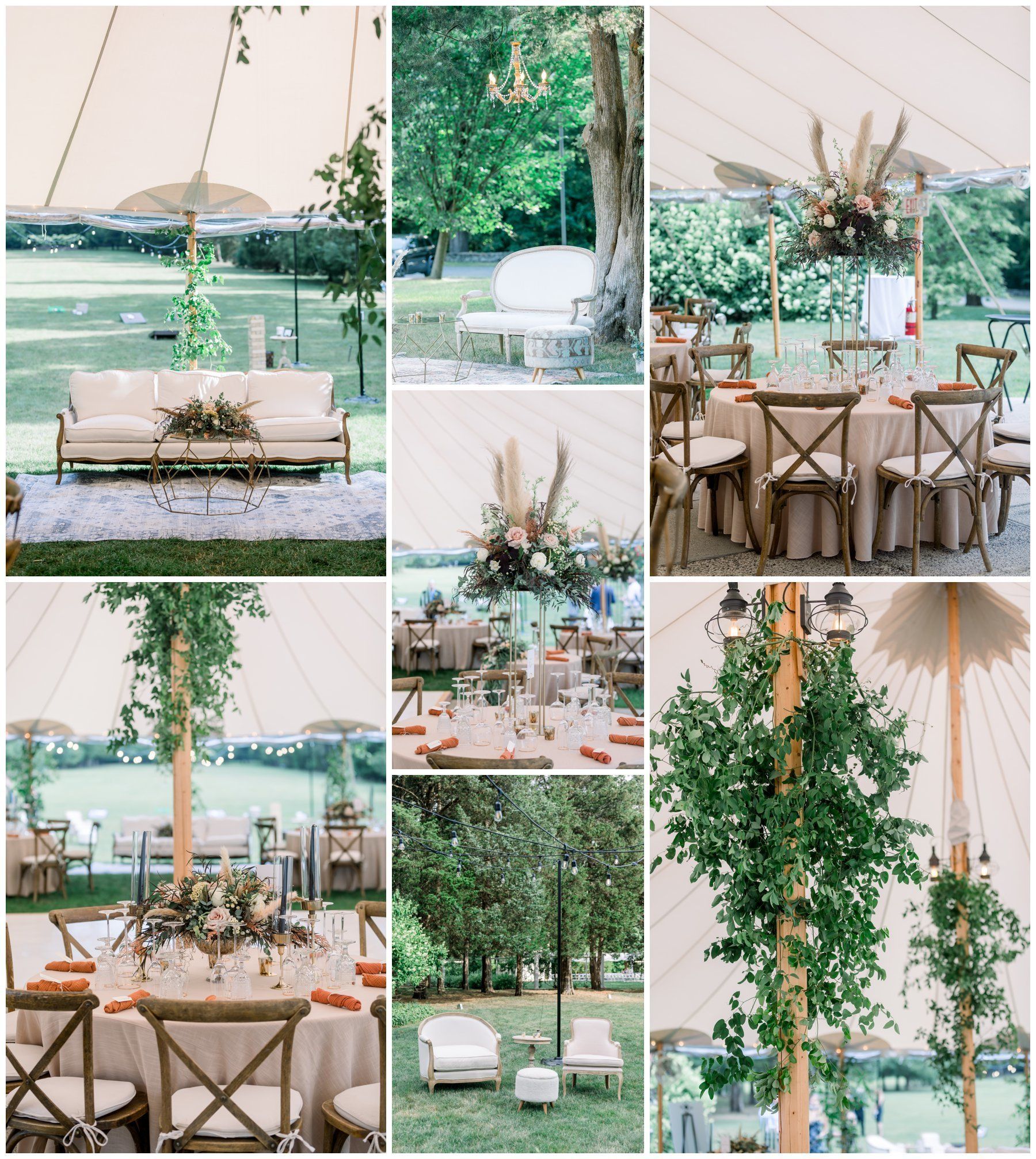 Rustic outdoor wedding reception with white draping, greenery, wooden tables, and lake views