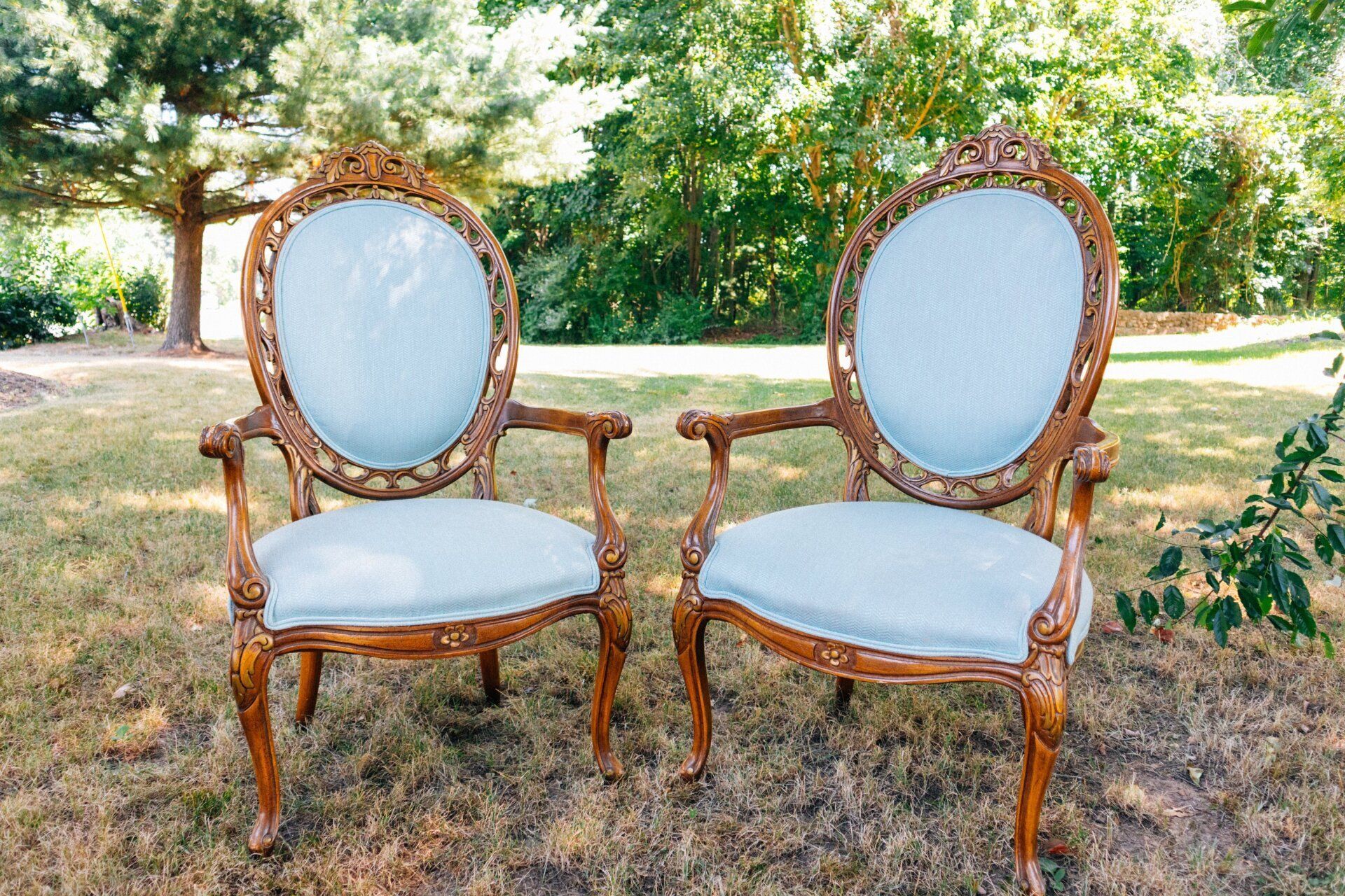 Two ornate wooden chairs with light blue cushions in a grassy outdoor setting