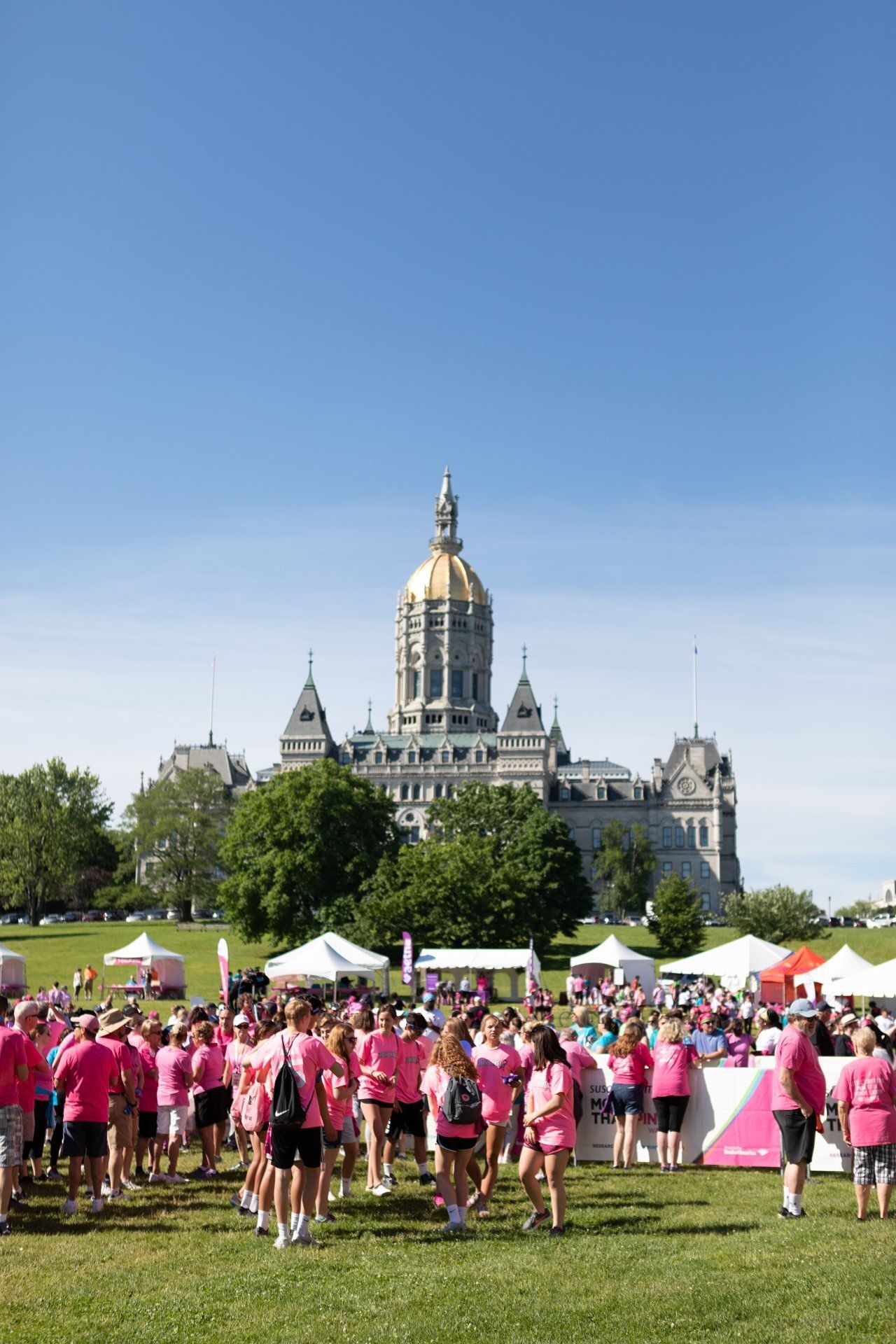 People in pink shirts gathered on a lawn in front of a grand cathedral under a blue sky.