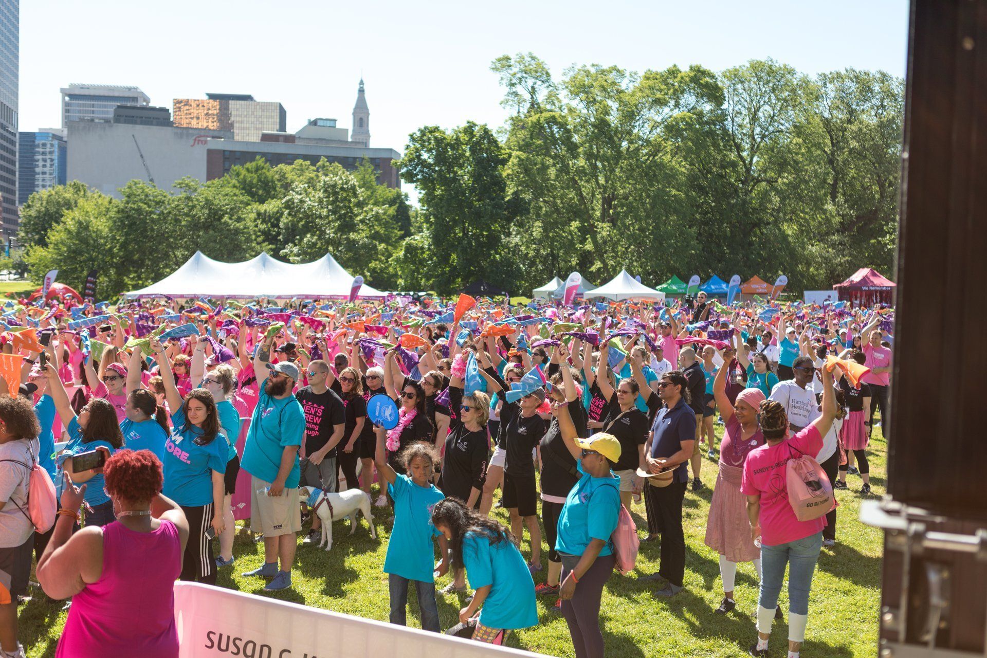 Crowd dancing at an outdoor festival in a park, with colorful shirts and tents under sunny skies