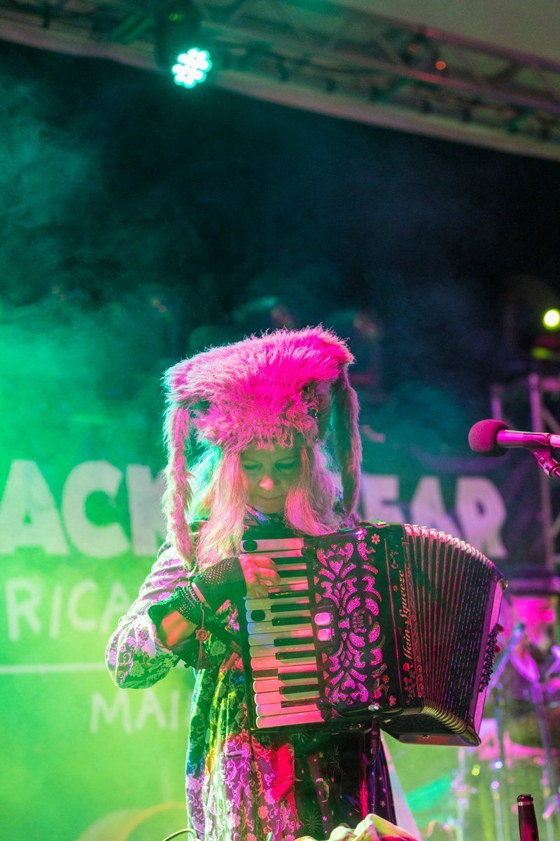 Musician in a pink feathered hat playing accordion on a smoky stage with green and magenta lights