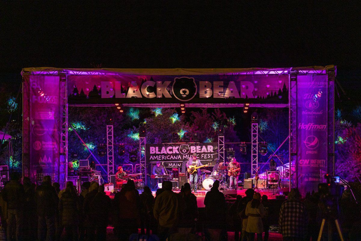 Night concert stage lit in purple and pink, with performers and a crowd under a “BLACK BEAR” banner