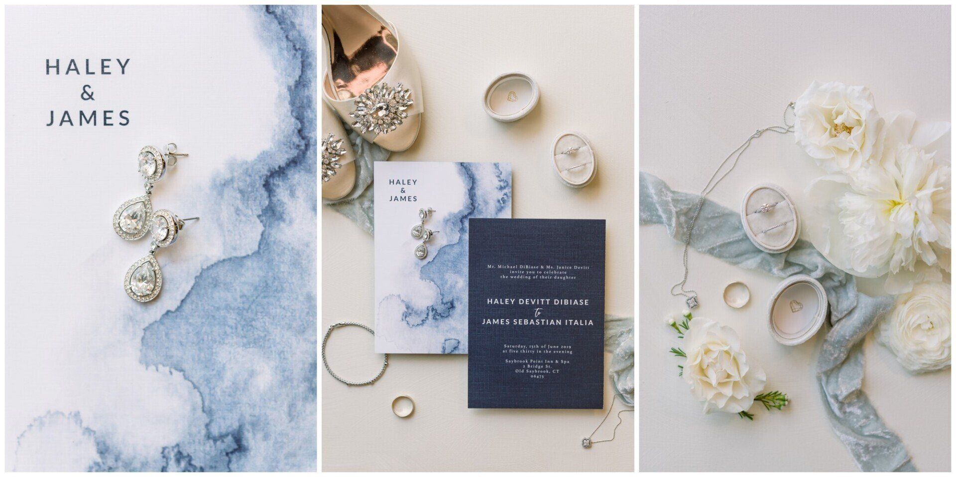 Elegant blue-and-white wedding invitation suite with floral accents, ribbons, and gold rings