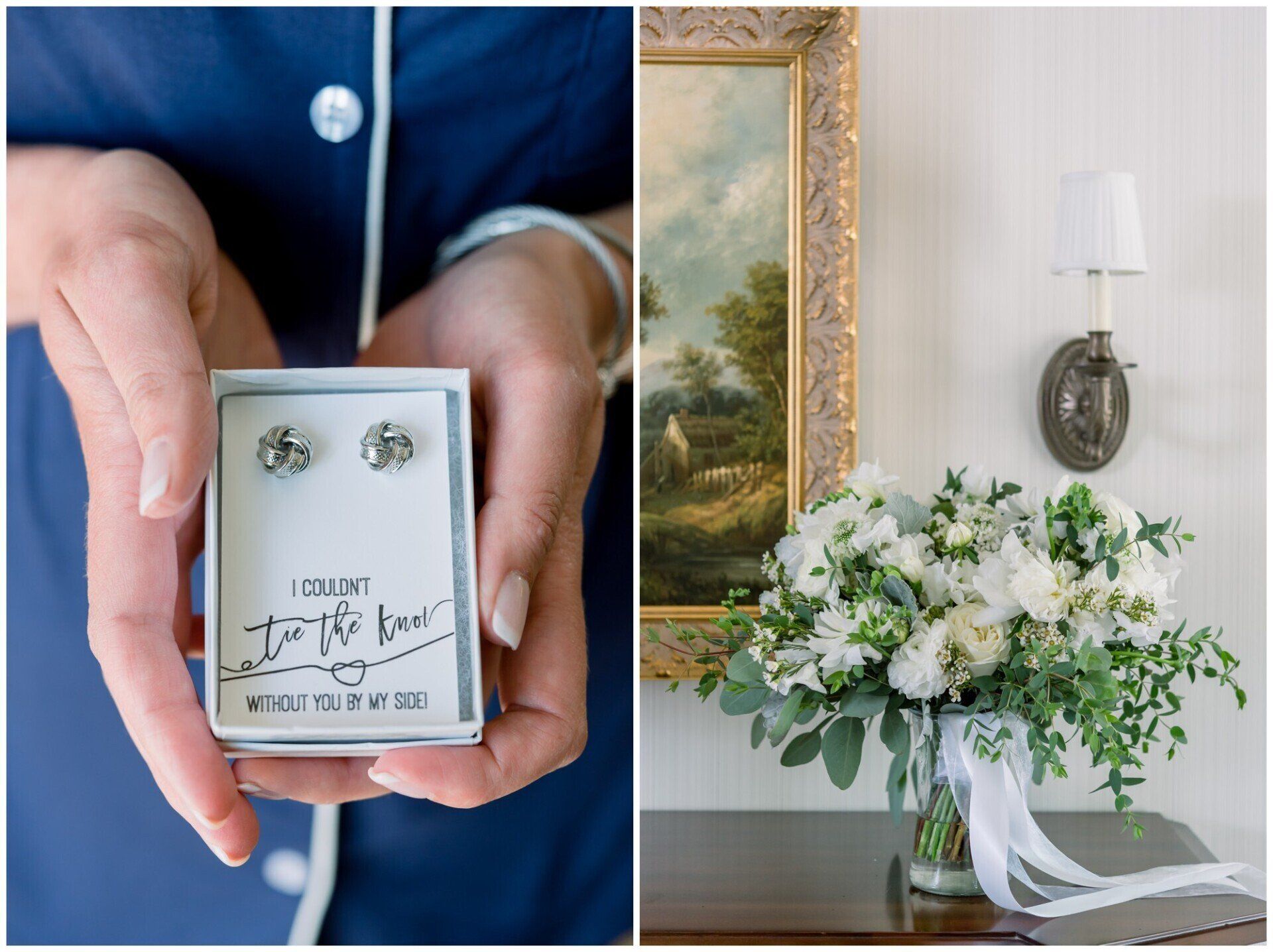 Engraved cufflinks held beside a white-and-green floral arrangement on a wall sconce table centerpiece