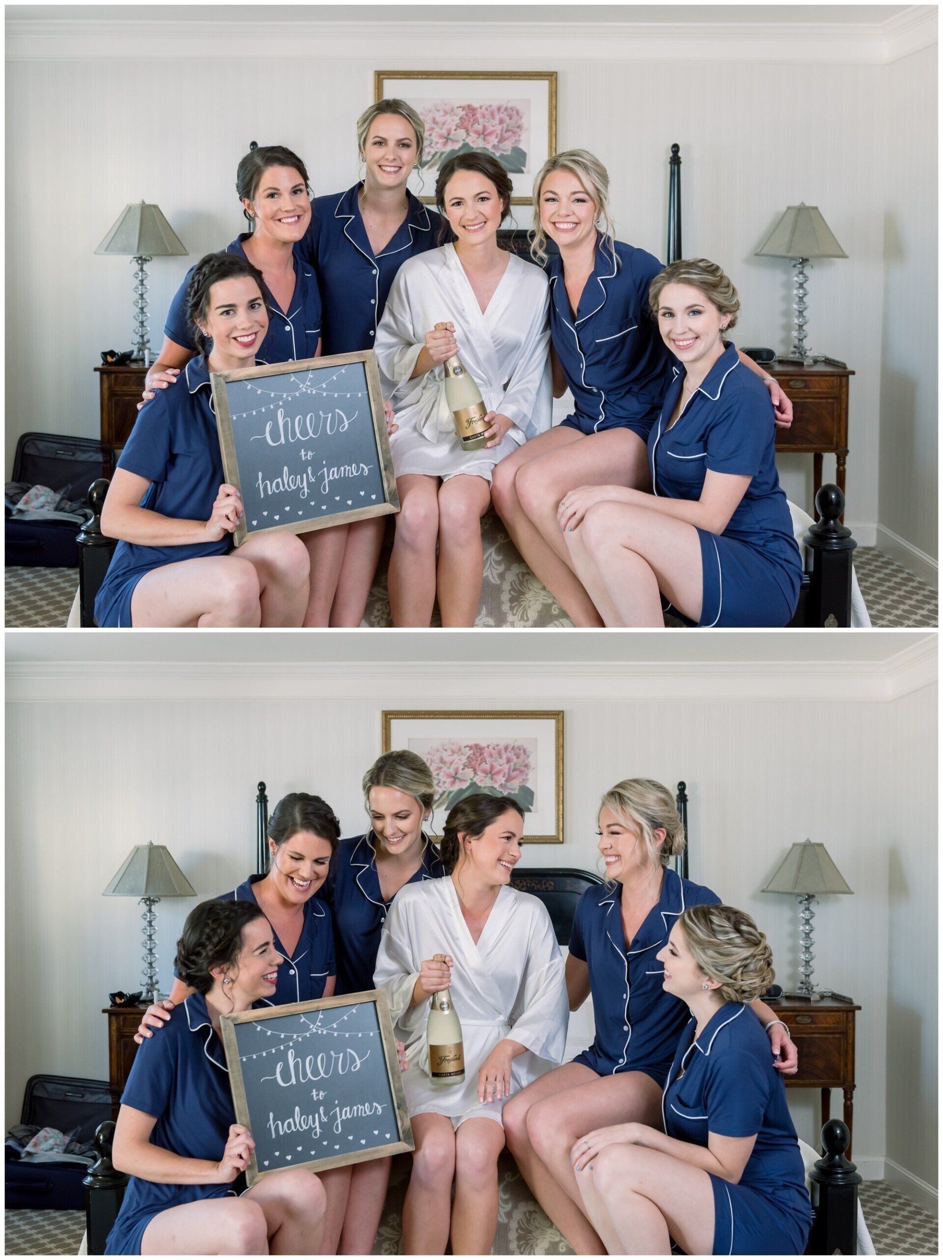 Two photos of six people on a couch, smiling with a chalkboard sign and decorative lamp in a living room