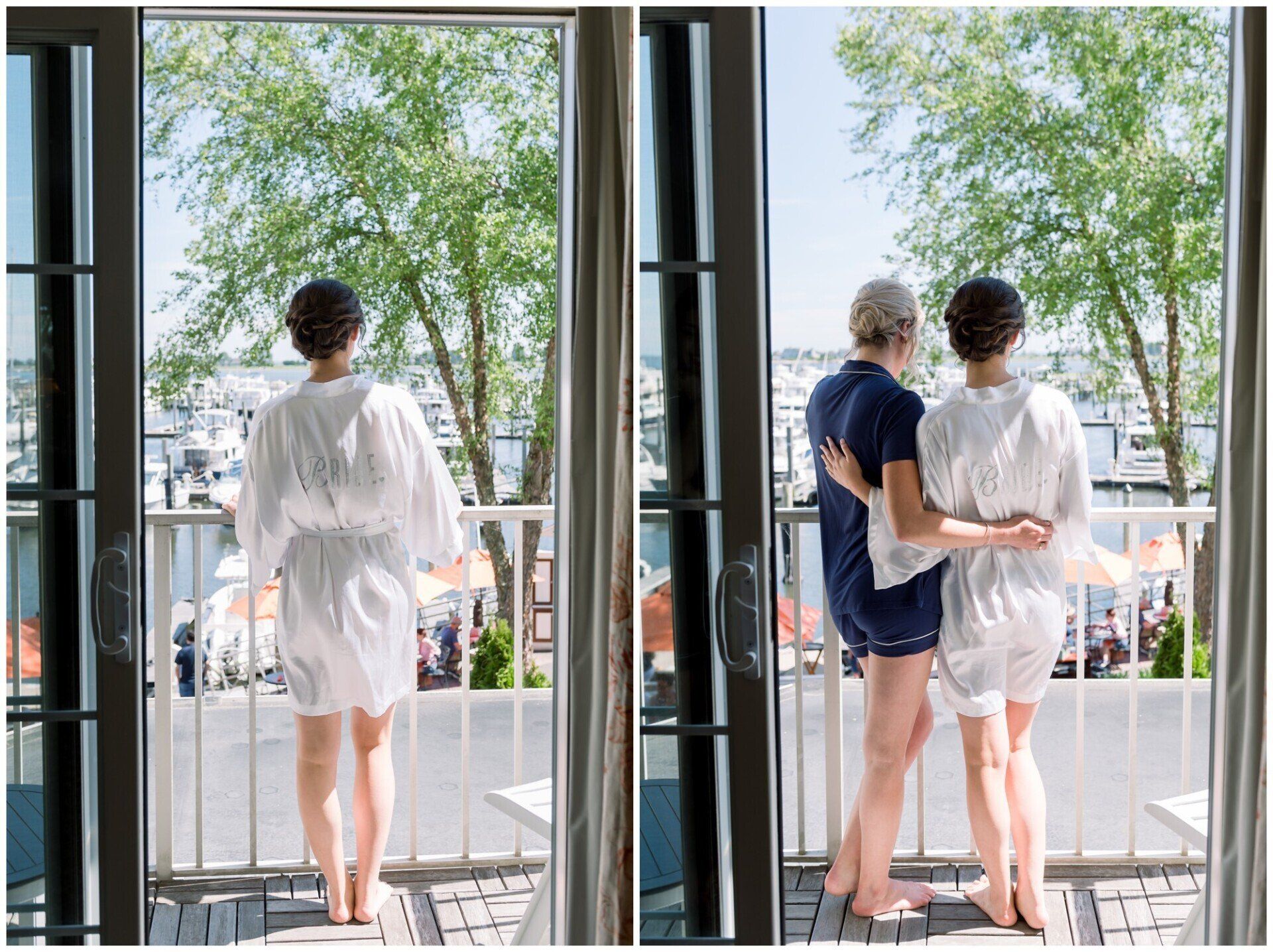 Two people in white robes standing on a balcony, overlooking trees and water from an open doorway