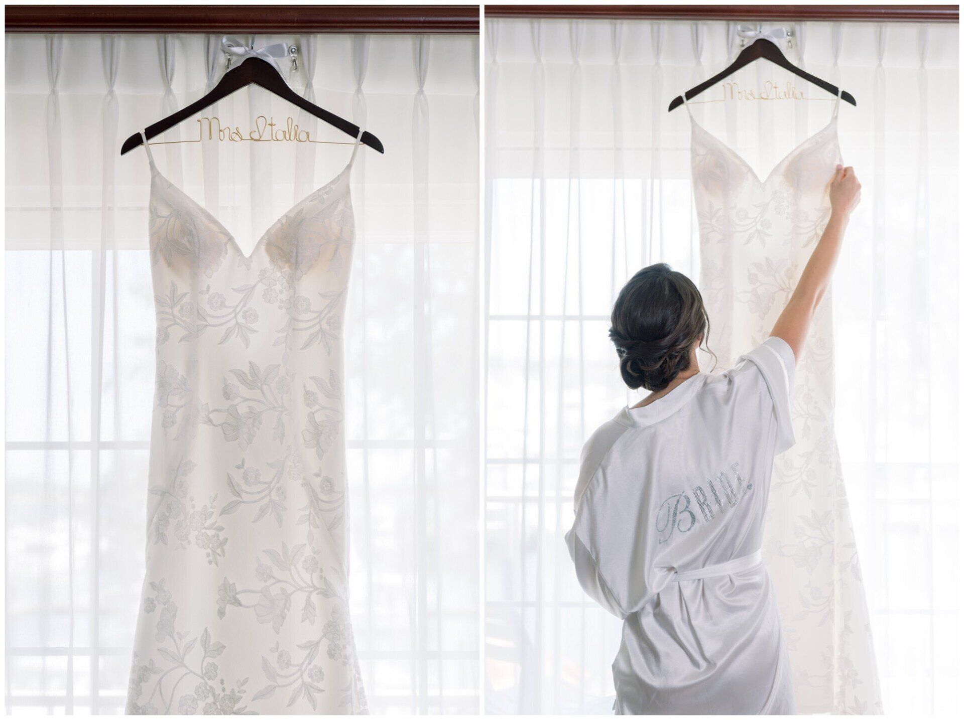 White lace wedding dress hanging by a window as a person in a robe adjusts the veil, viewed from behind