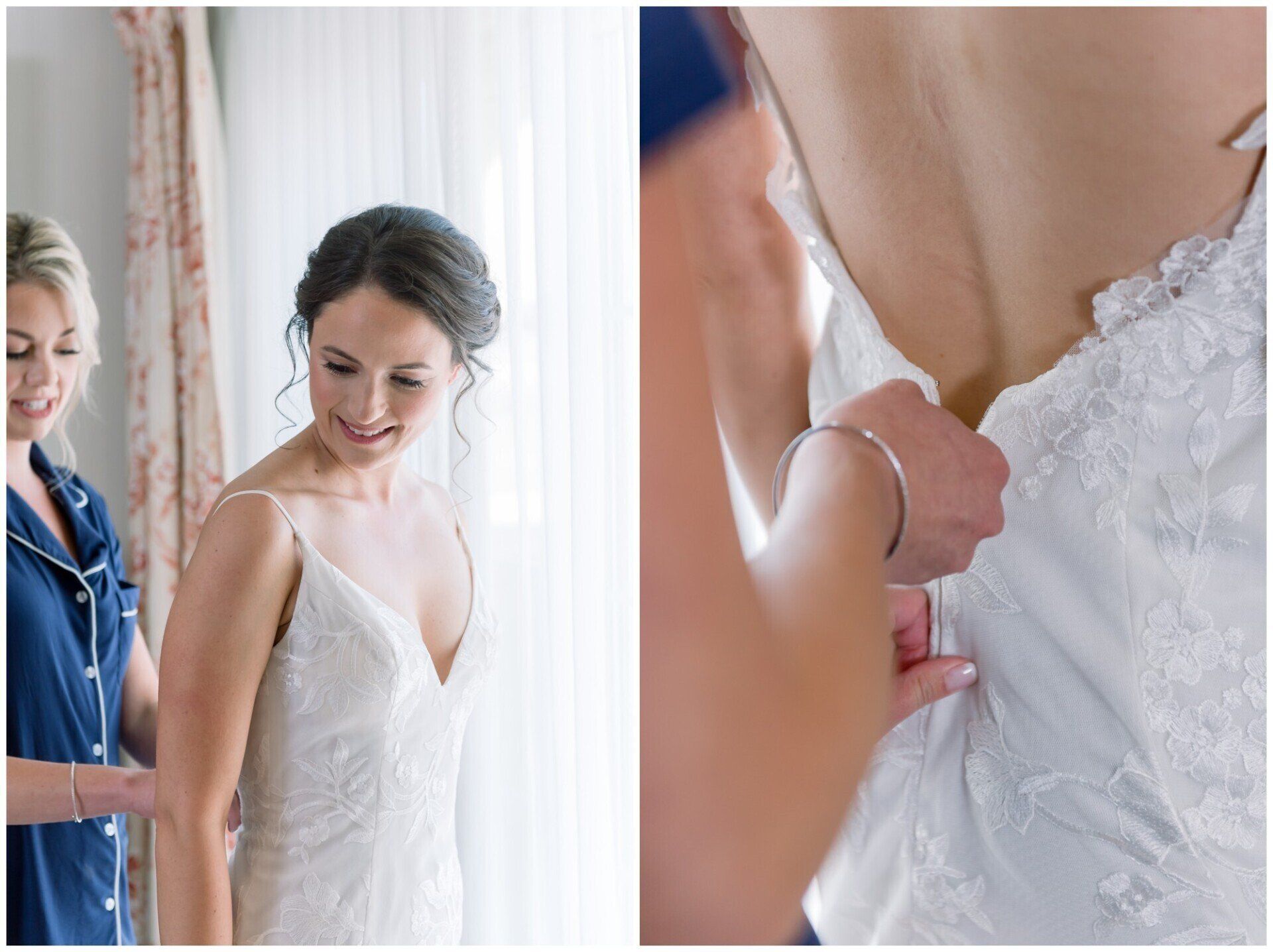 Bride getting her wedding dress fastened by a helper in a bright room