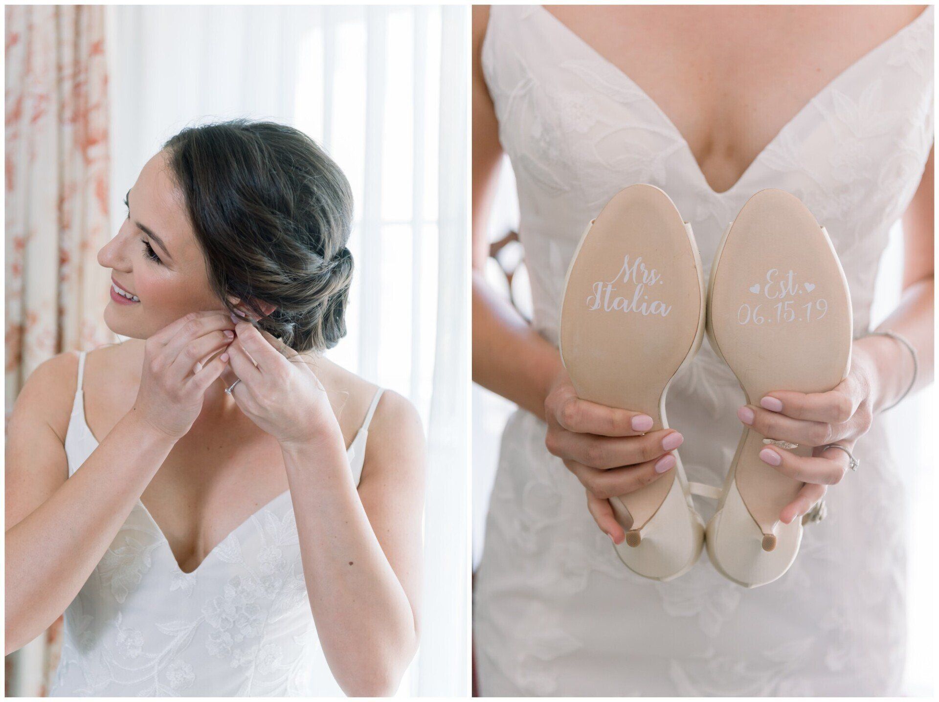 Bride in white lace dress fastening earrings, with beige wedding shoes held against her dress
