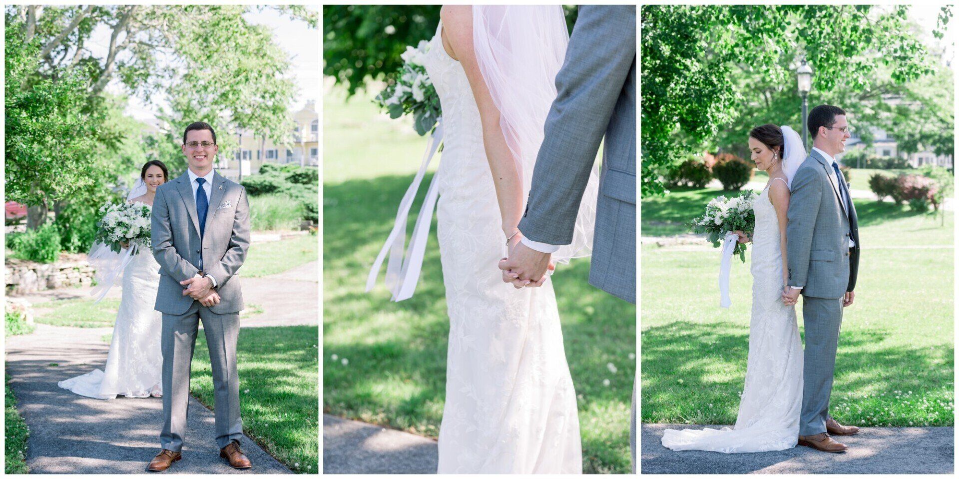 Wedding couple posing outdoors in formal attire, with a close-up of their hands and bouquet.