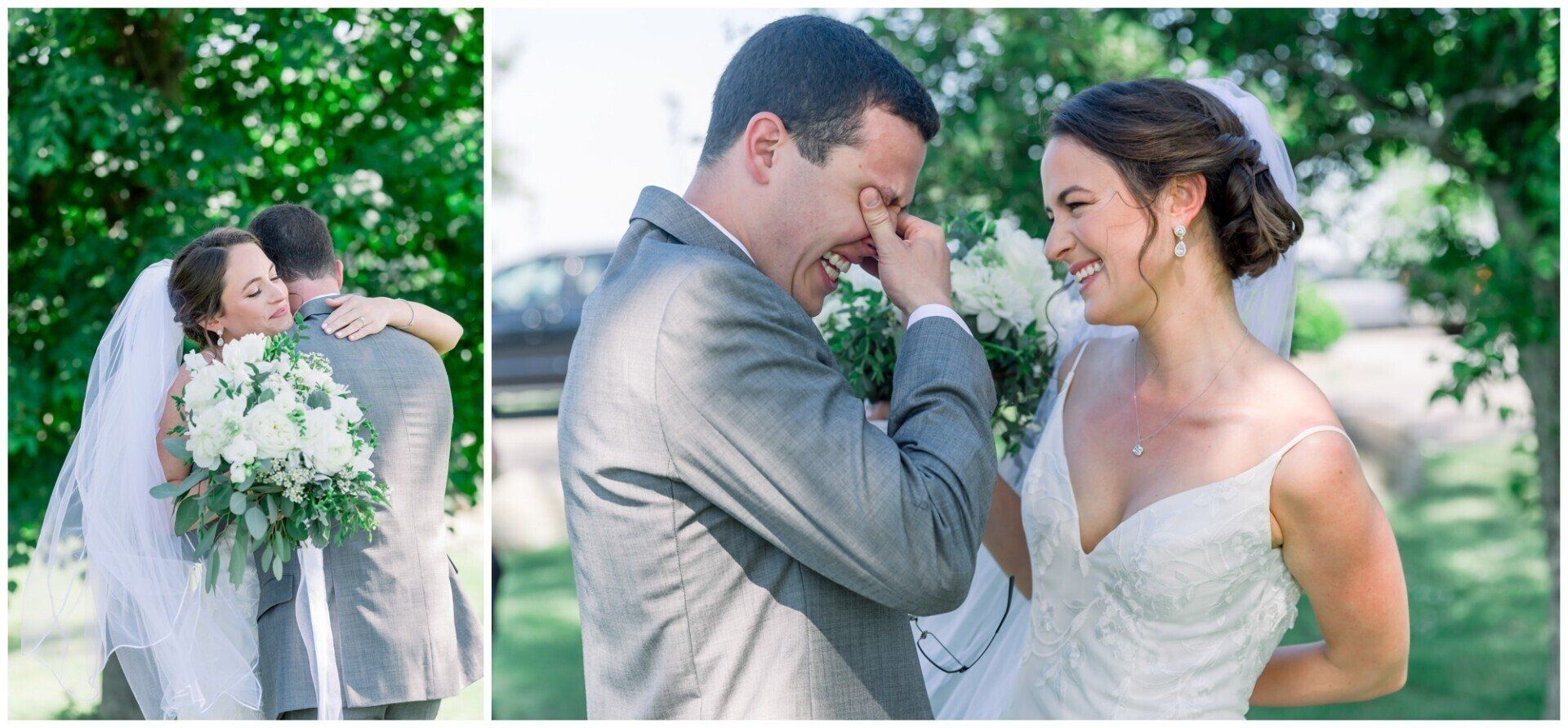 Wedding collage of bride and groom embracing outdoors among white flowers and greenery