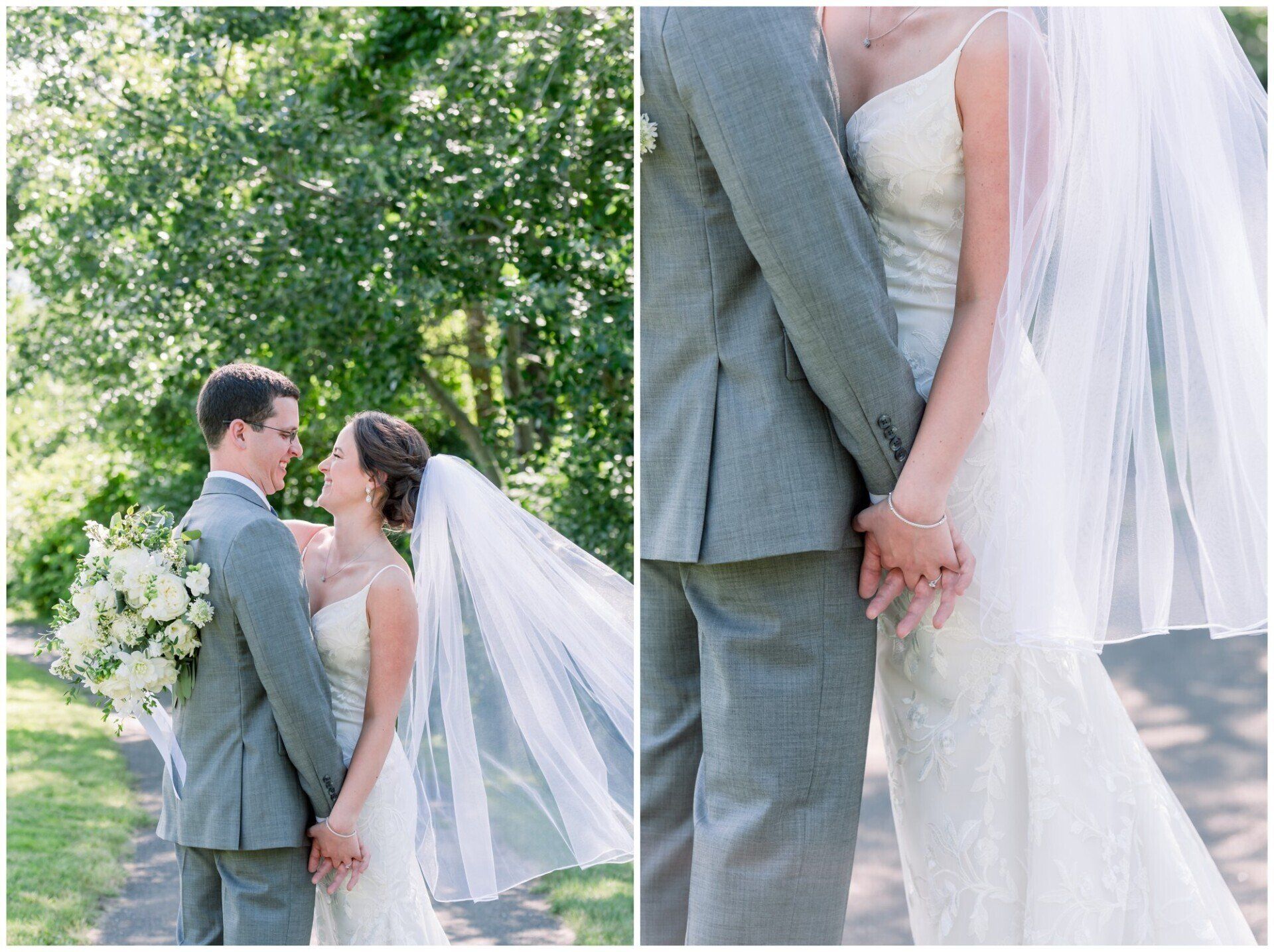 Bride and groom in gray attire holding hands outdoors, with flowing veil in a green garden