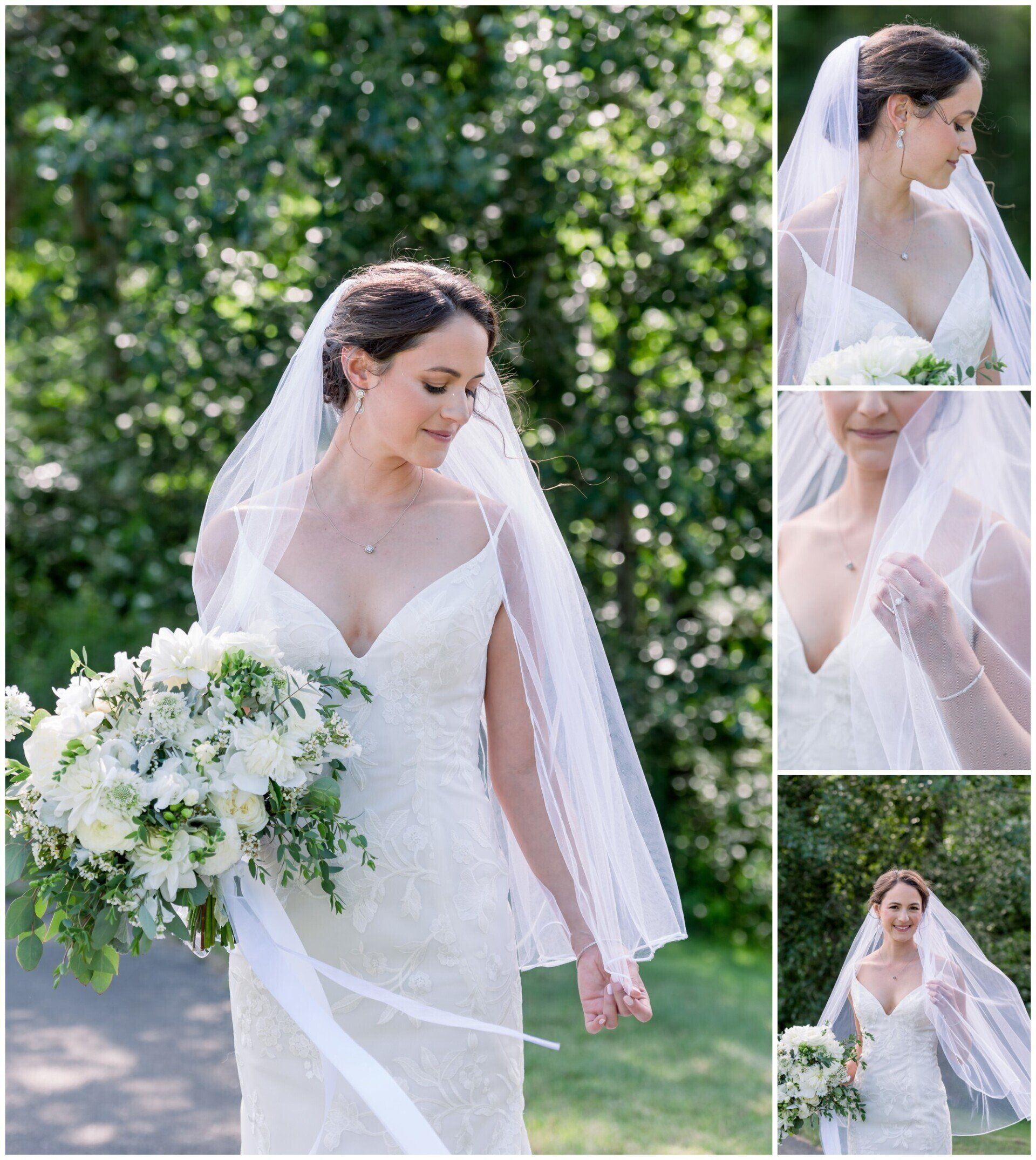 Bride in a white veil and gown holding a white bouquet in a sunlit garden.