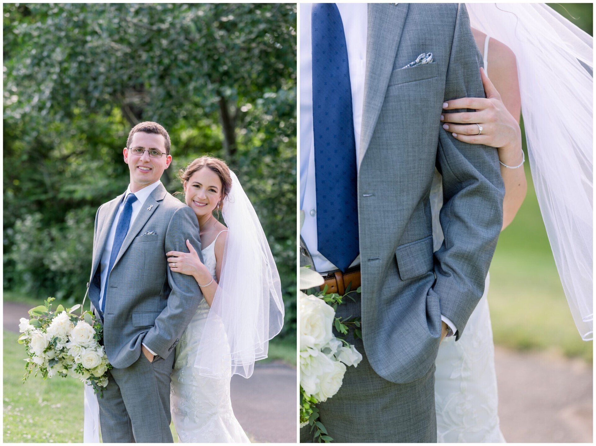 Wedding couple outdoors, bride in white veil and groom in gray suit holding bouquet, with close-up inset