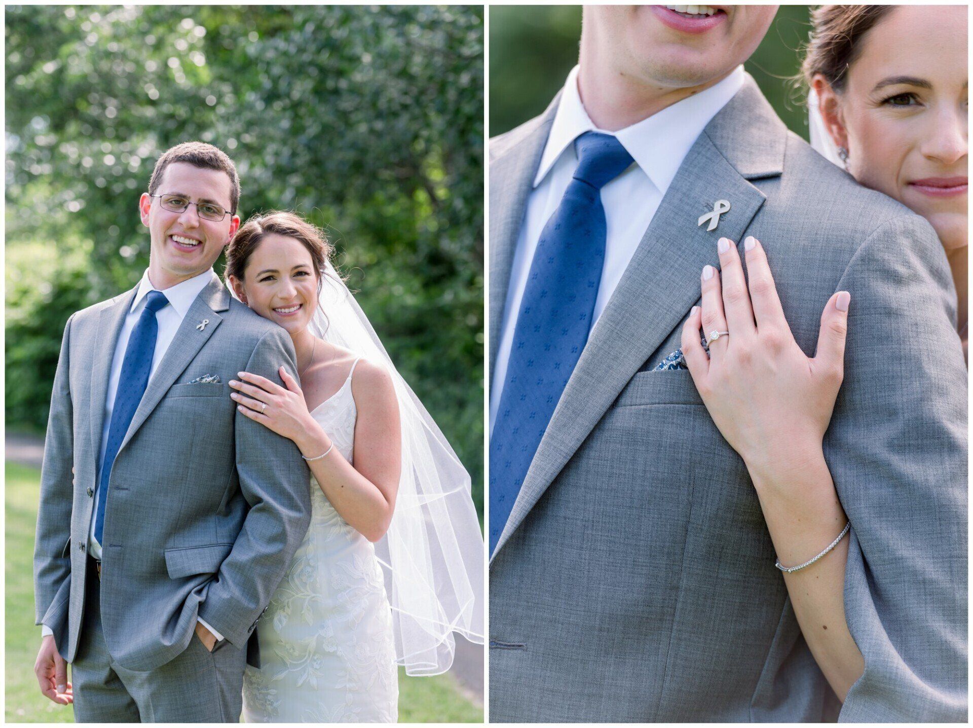 Bride embracing groom in gray suit outdoors, with close-up of wedding ring on his lapel