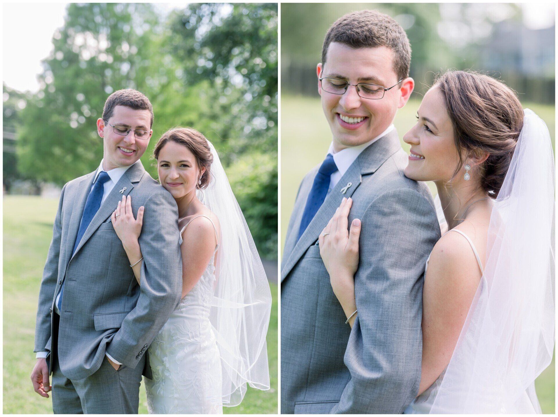 Smiling bride and groom pose together outdoors, with her in a white veil and him in a gray suit.