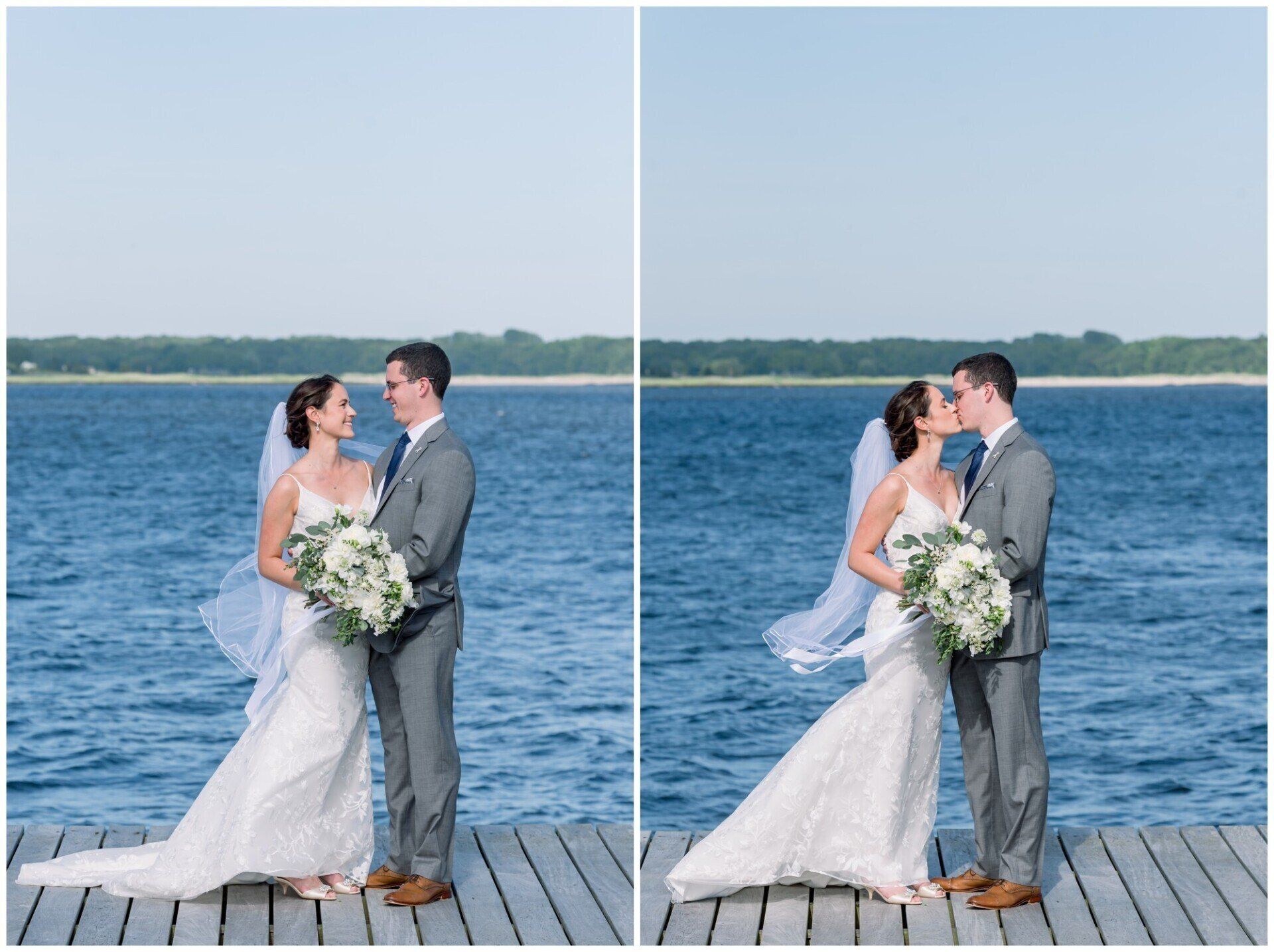 Wedding couple kissing by the water, bride in white dress and groom in gray suit holding bouquet on a dock