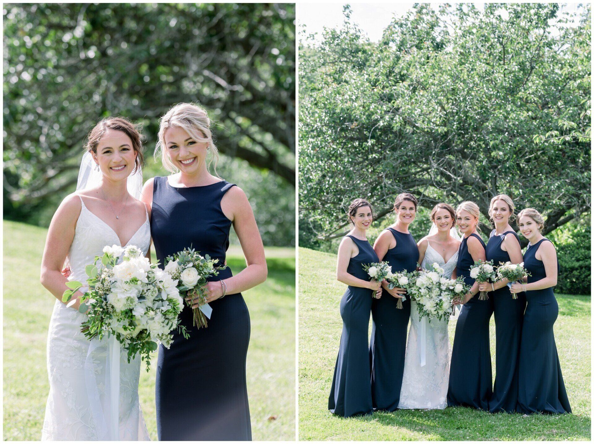 Two wedding attendants in navy dresses holding white bouquets outdoors, with a group posing in a garden.