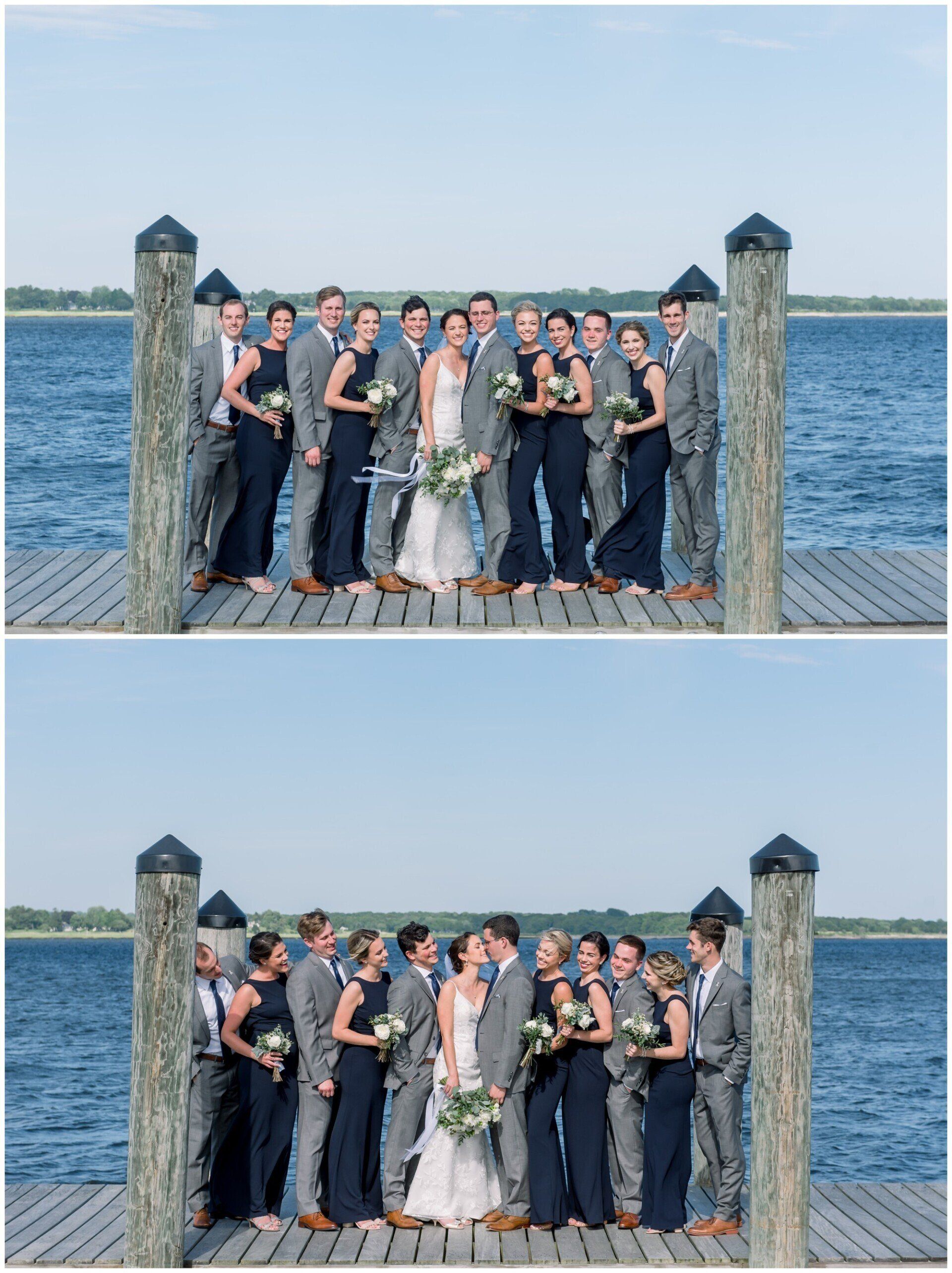 Wedding party posing on a dock by the water, with the bride in white and the groom in black.