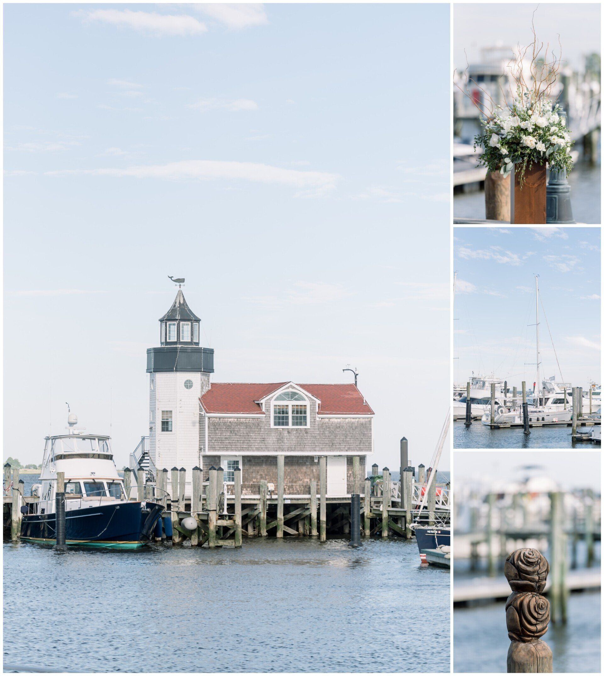 Harbor lighthouse and dockside building by calm water, with small inset views of flowers and boats