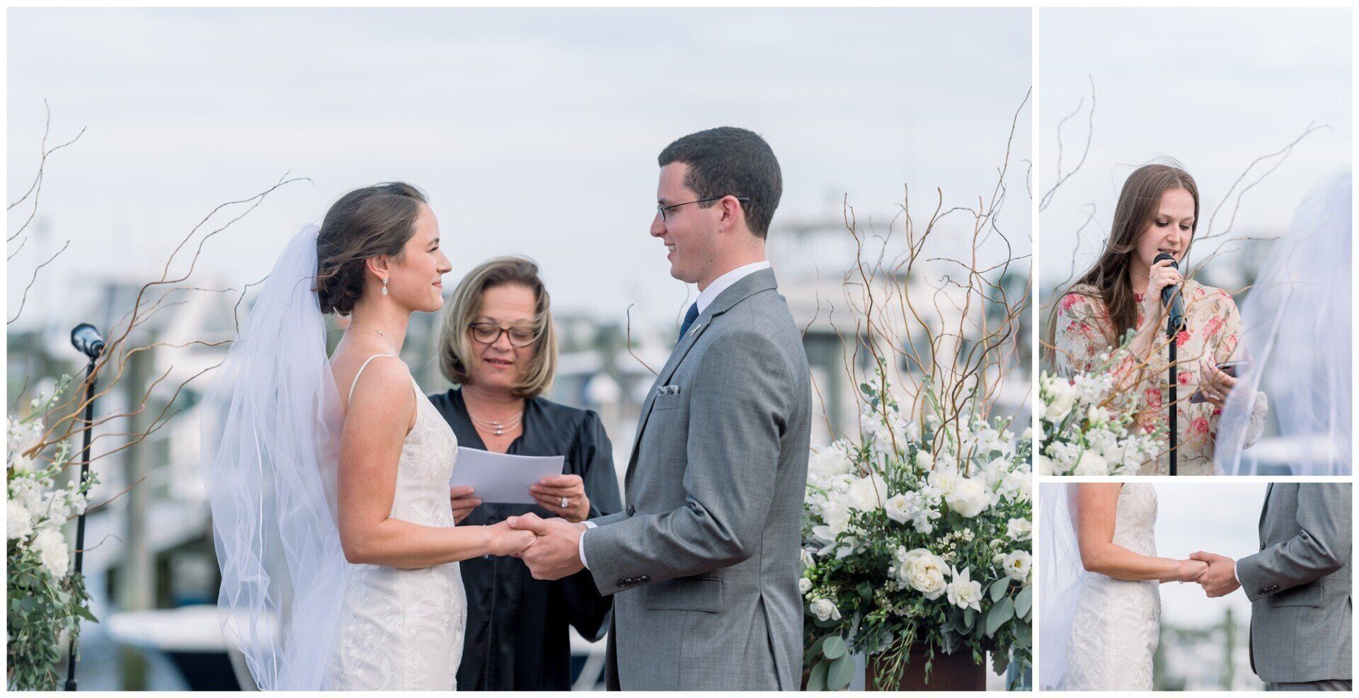 Bride and groom exchange vows at an outdoor wedding ceremony, with an officiant beside them.