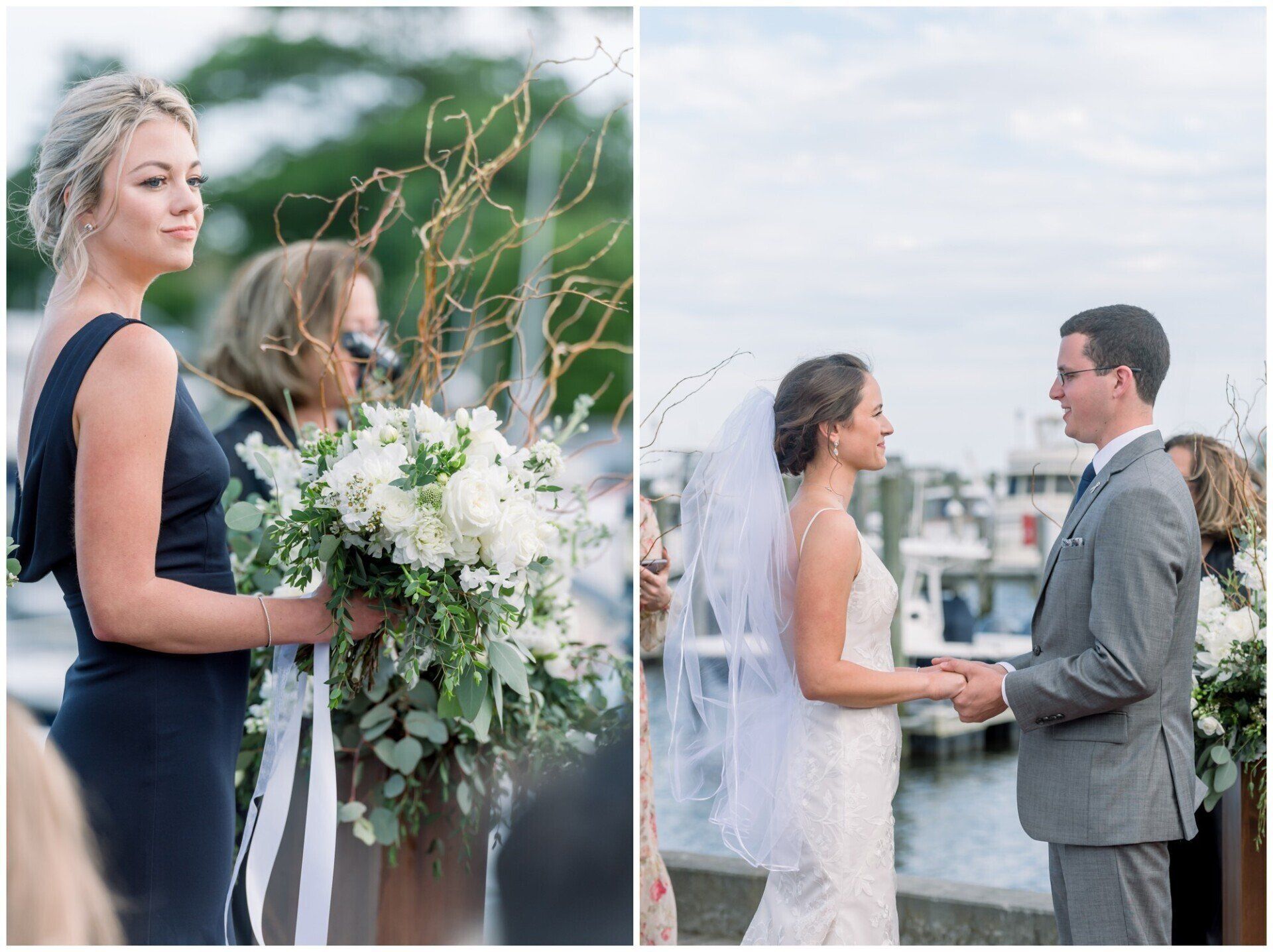 Wedding ceremony by the water: bride and groom hold hands, with bridesmaid beside the bride holding a bouquet.