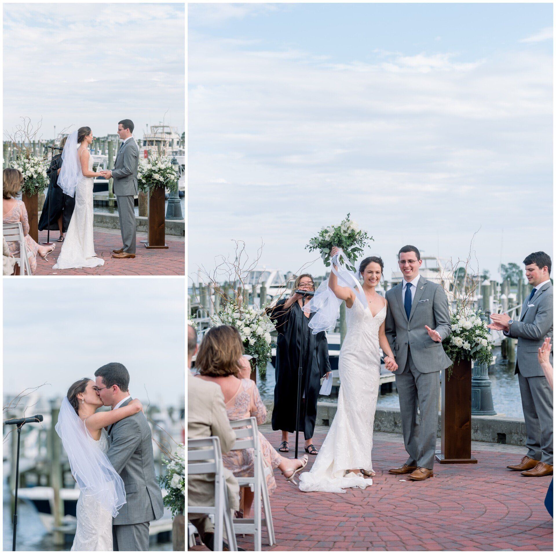 Bride and groom celebrate their wedding ceremony on a rooftop, smiling and waving with guests nearby