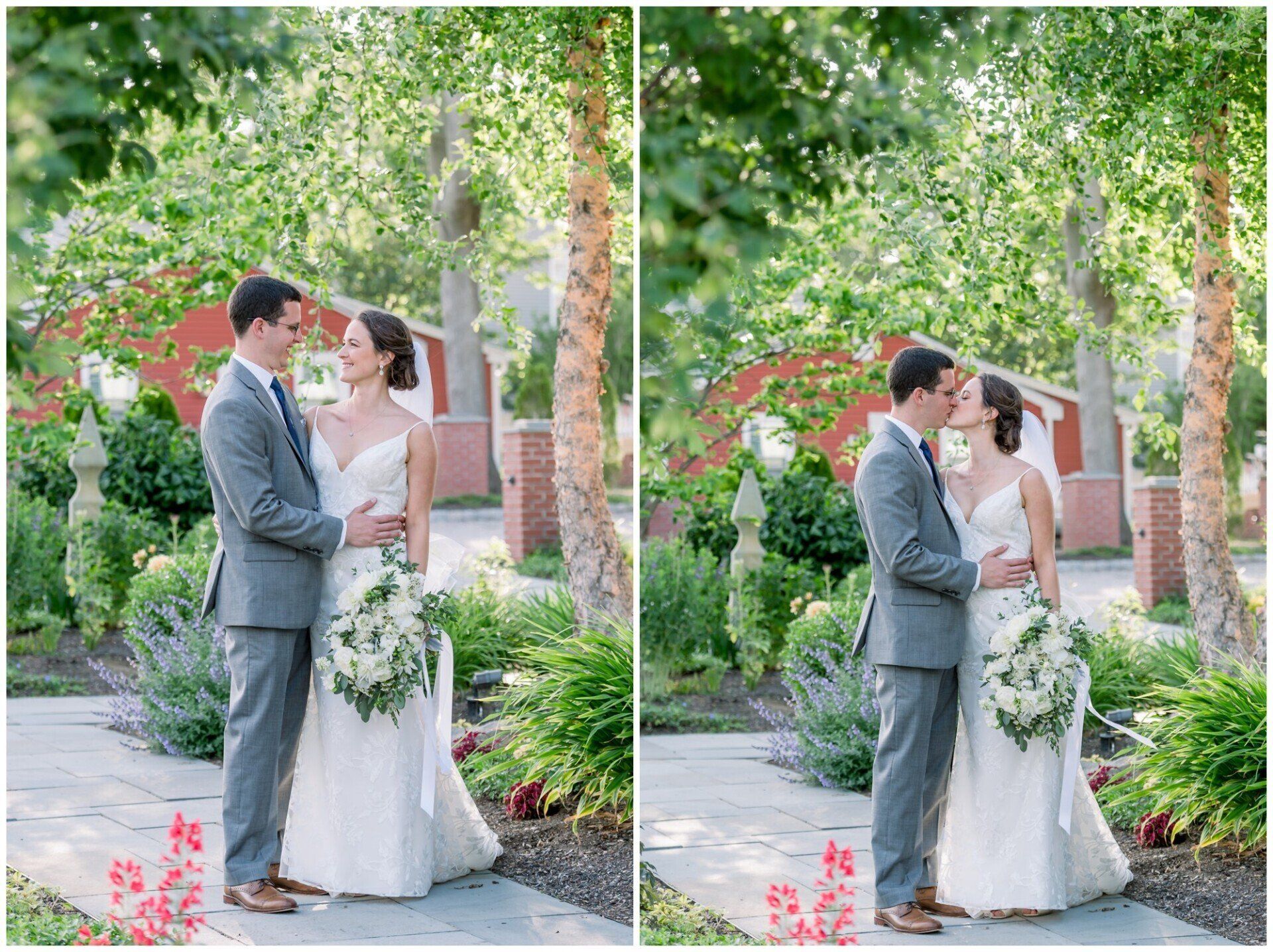 Bride and groom embracing in a green garden, with two wedding portraits shown side by side.