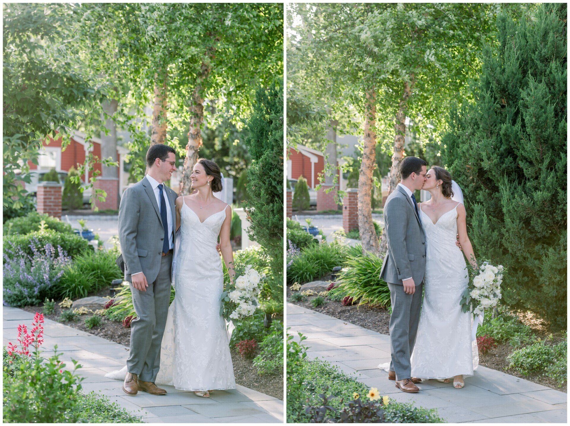 Wedding couple kissing on a tree-lined path, standing in sunlight with a bouquet and formal attire