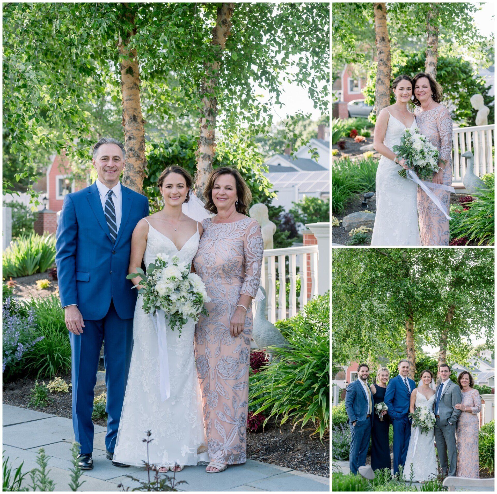 Bride with two companions and family posed outdoors by white fence and trees