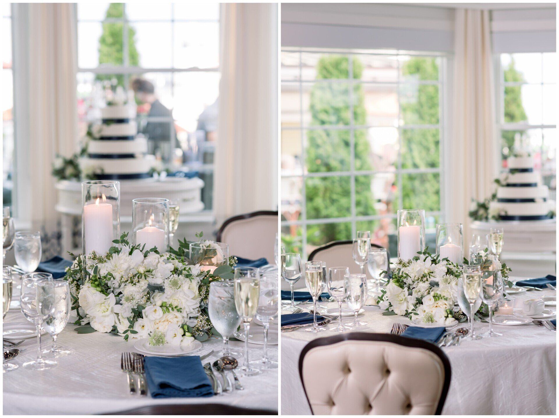 Elegant white floral table setting in a bright dining room with glassware, candles, and layered cake stands