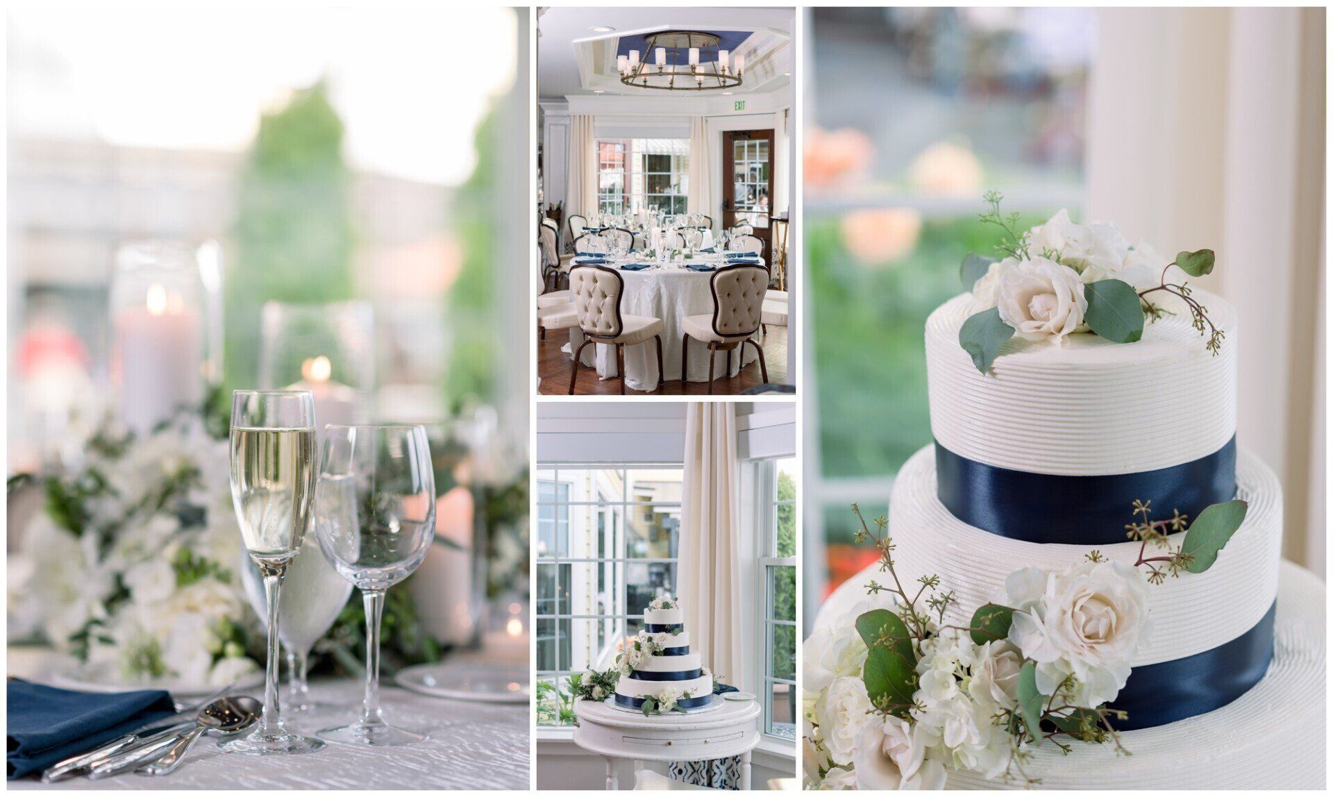 Elegant wedding table setting with champagne glasses, floral centerpieces, and a white cake with navy ribbon