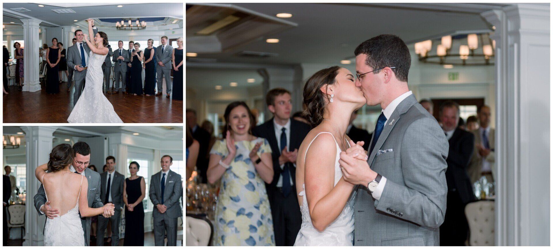 Bride and groom kiss during a wedding reception while guests watch in the background.