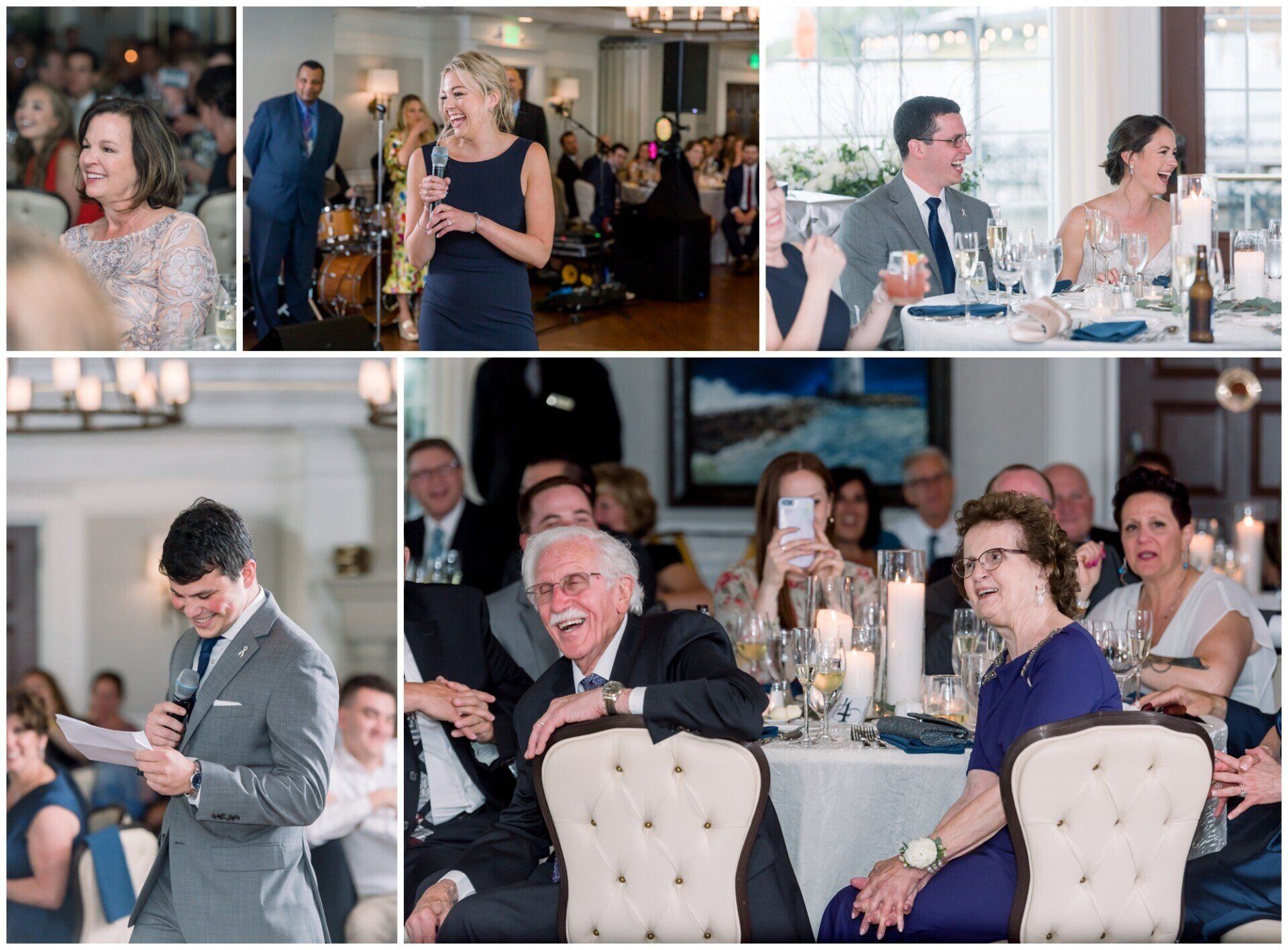 Wedding guests laughing and applauding at a reception banquet table