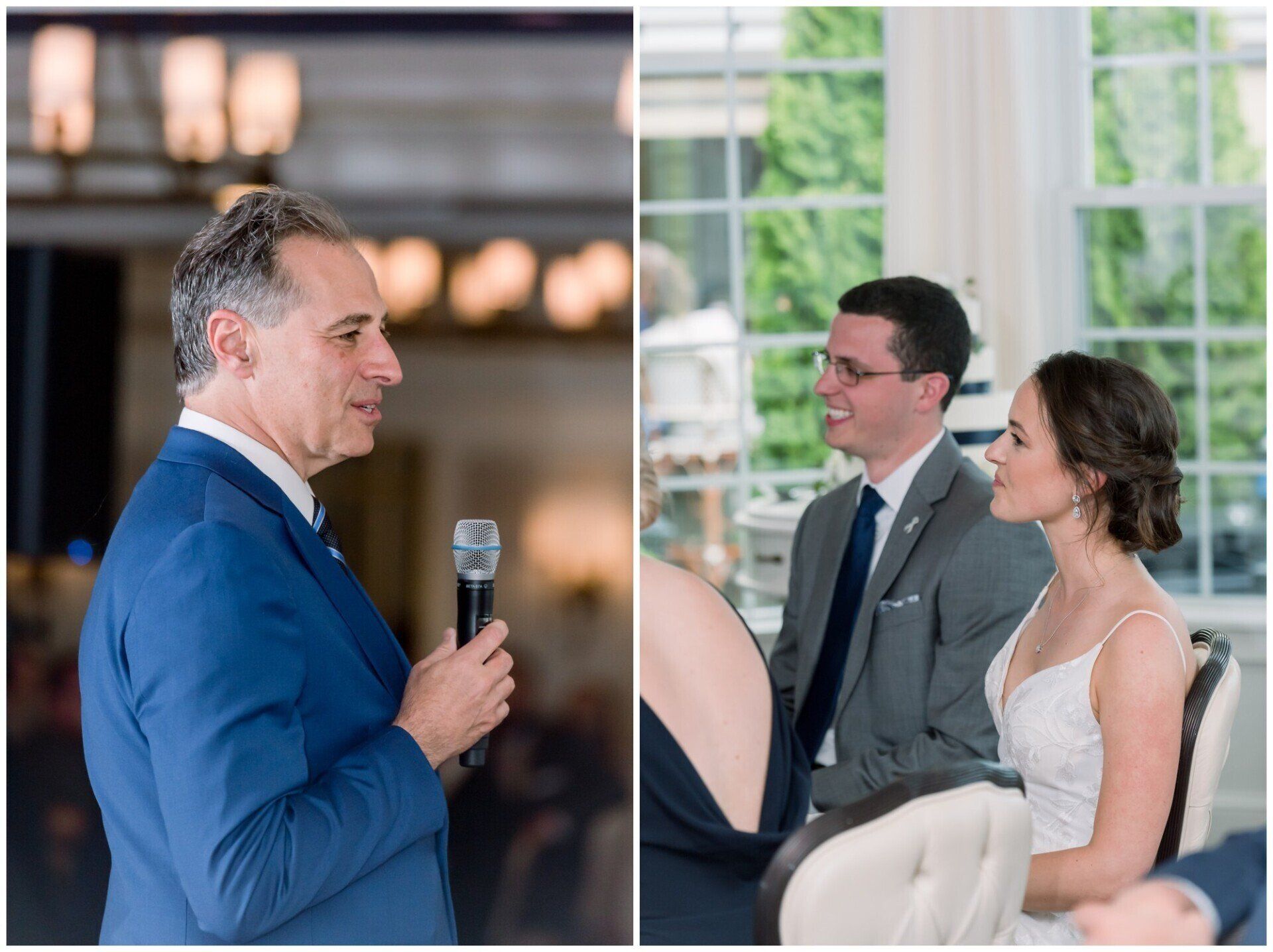 Man speaking into a microphone at a formal indoor event while guests watch attentively