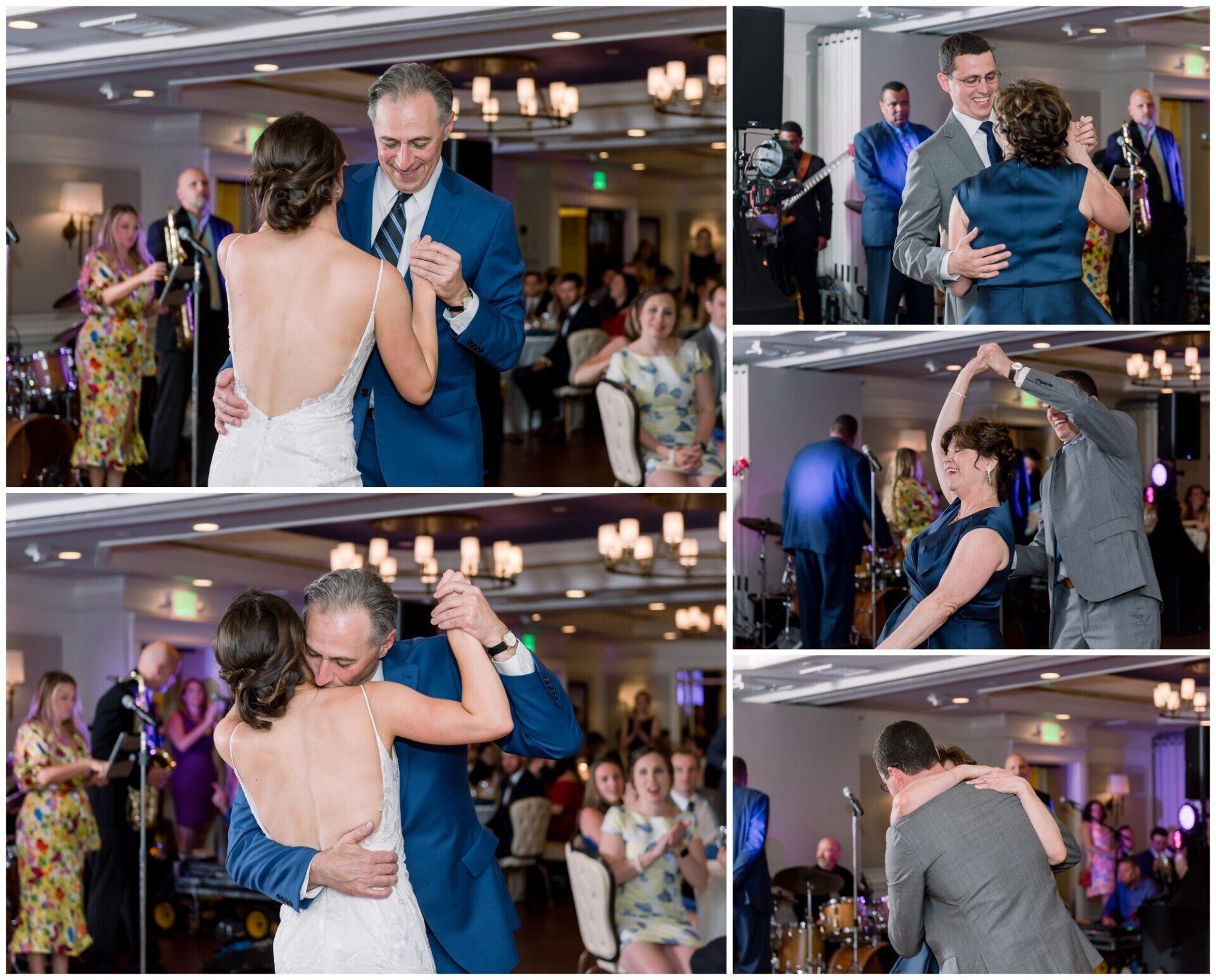 Wedding dance collage: couple slow dancing and embracing in a reception hall, guests watching nearby.