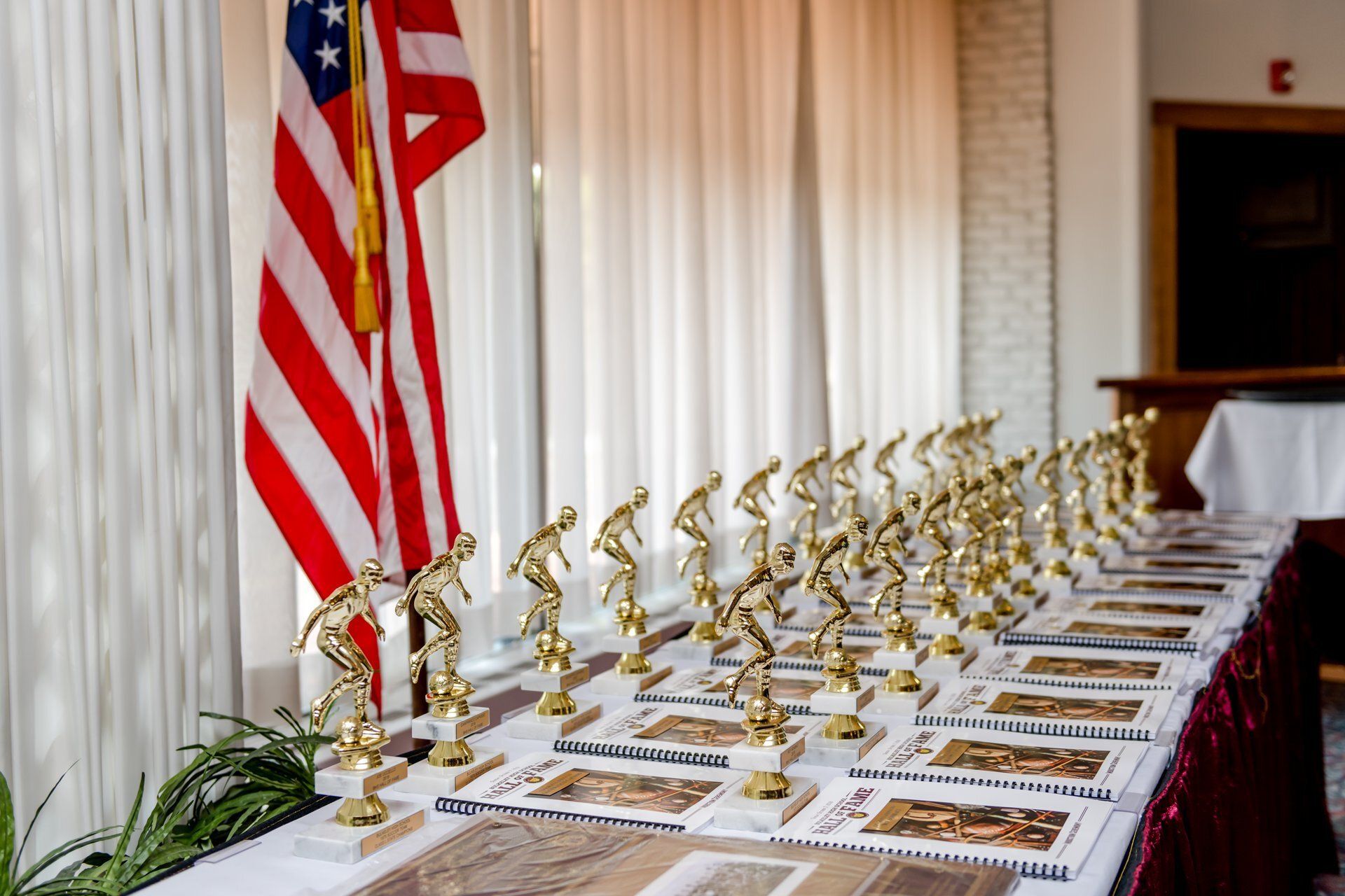 Row of gold trophies and certificates on a table beside a U.S. flag at an awards ceremony