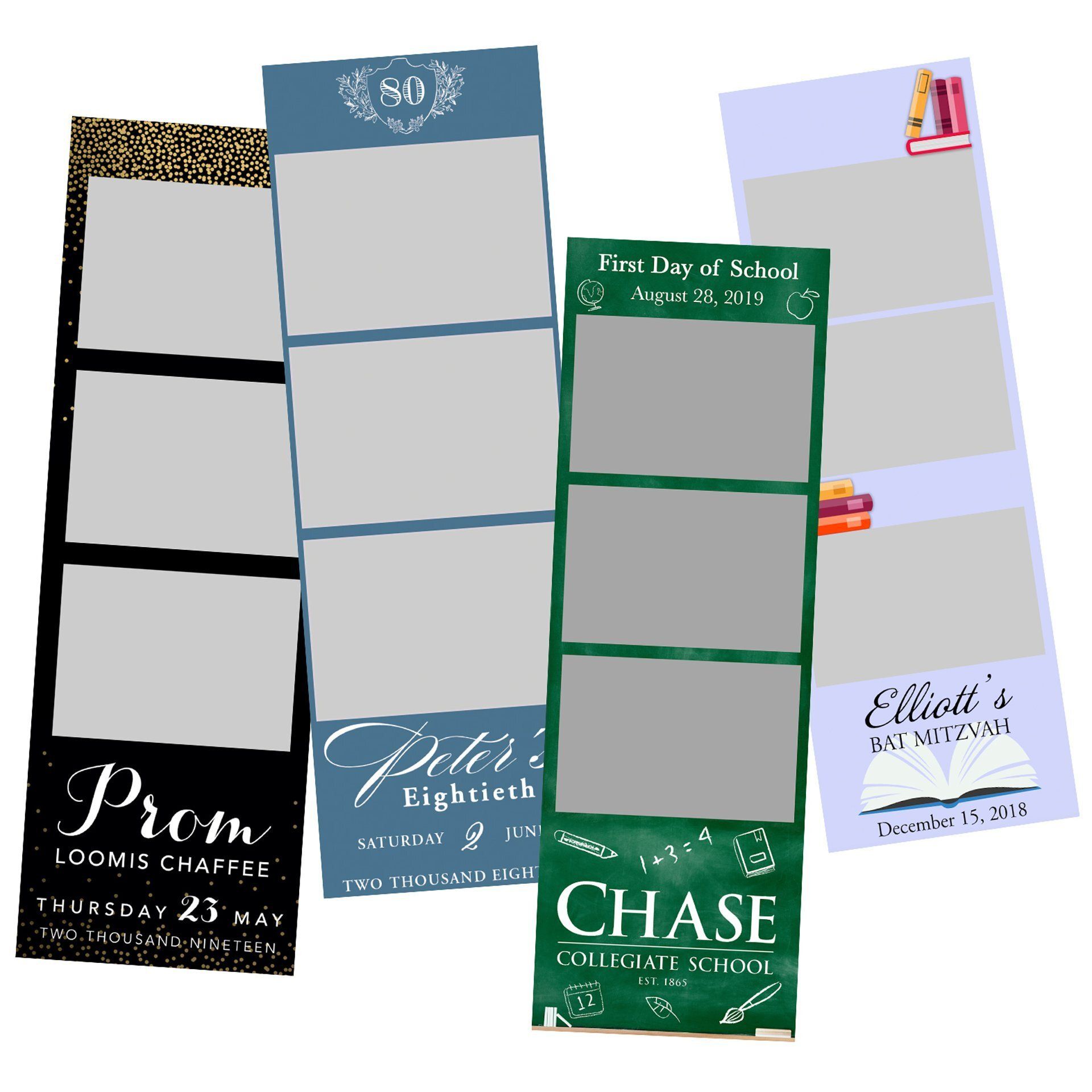 Assorted school-themed bookmark templates in black, blue, green, and white with name labels.