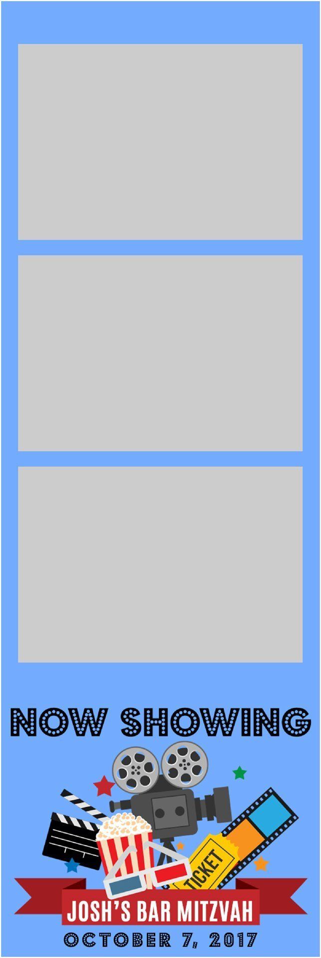 Blue poster with three empty gray panels and “Now Showing” text above a “Jesus by Tomorrow” logo at the bottom.