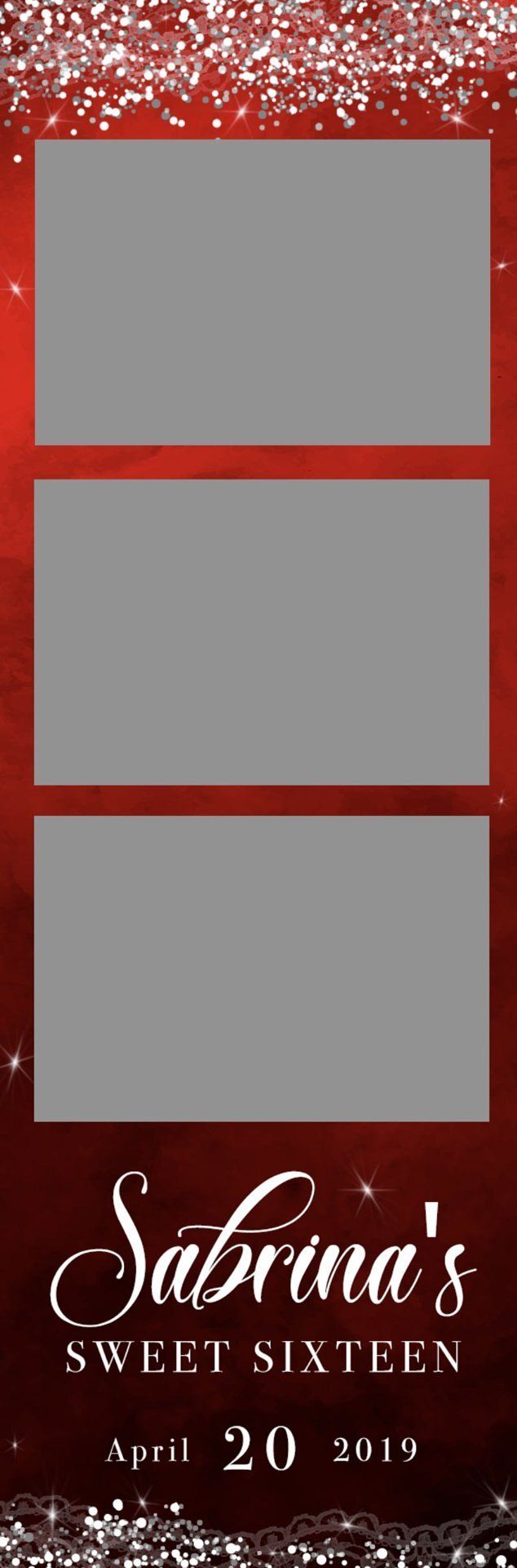 Red glitter poster with three gray panels and the text “Sabrina’s Sweet Scare” and “June 20 2019”