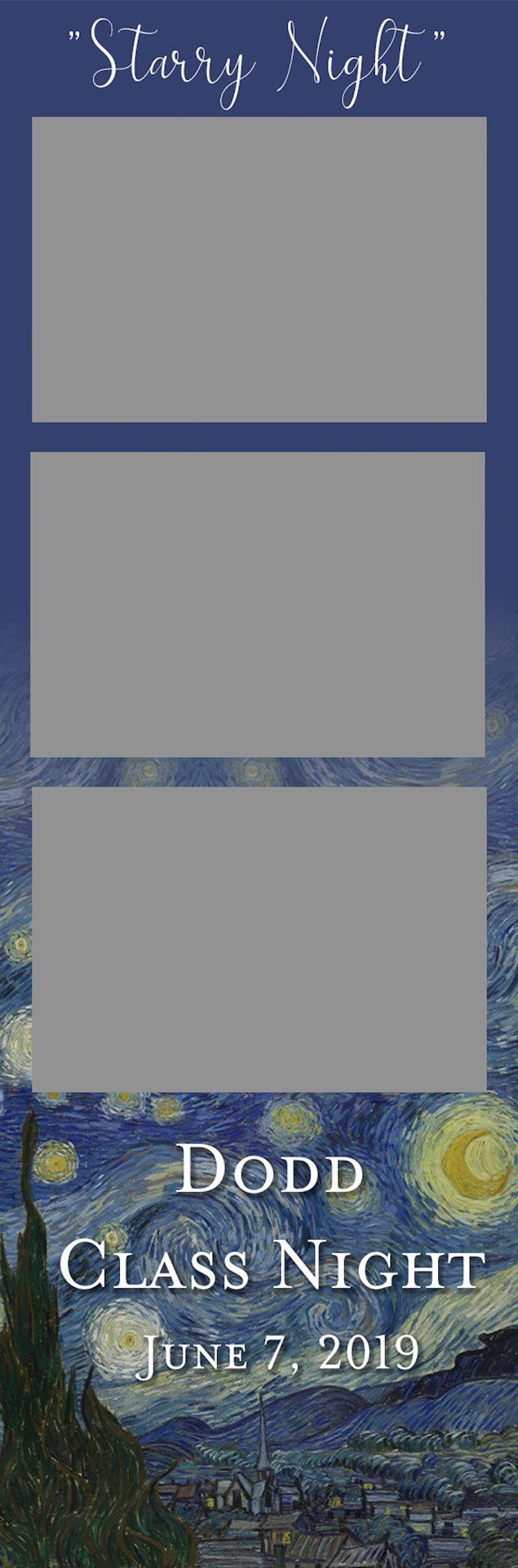 Blue event flyer with three blank gray panels and text reading “Dawn Class Night” and “June 2, 2029”