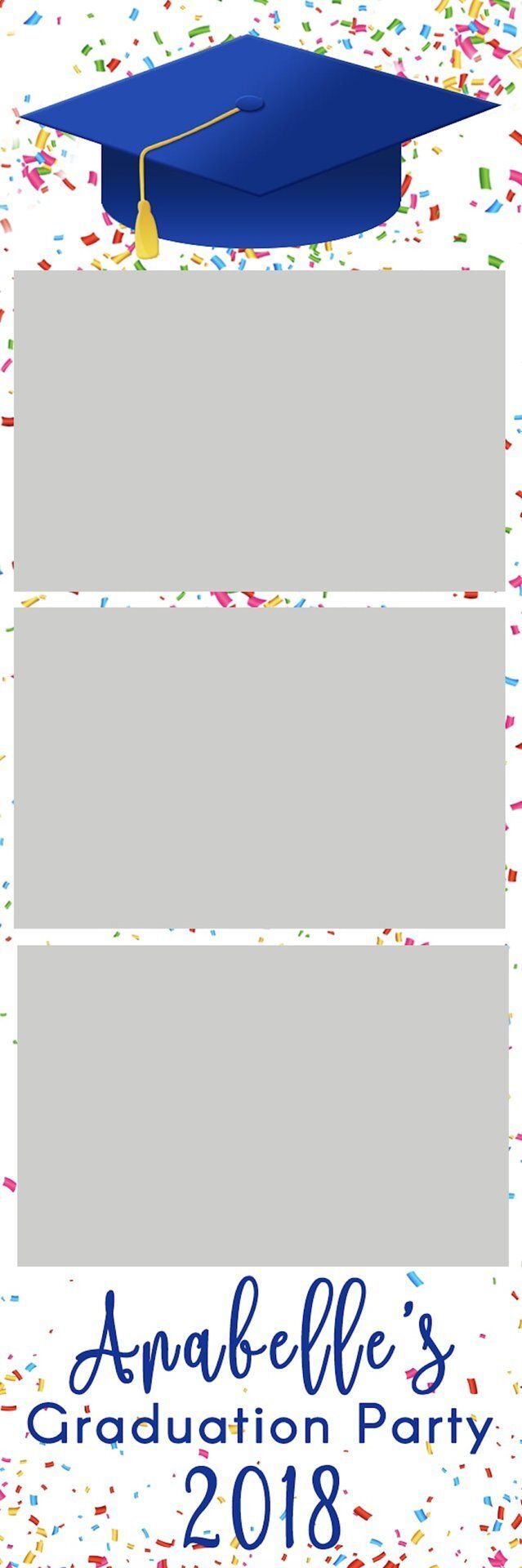 Blue graduation cap over confetti with “Michell’s Graduation Party 2018” text and blank photo boxes.