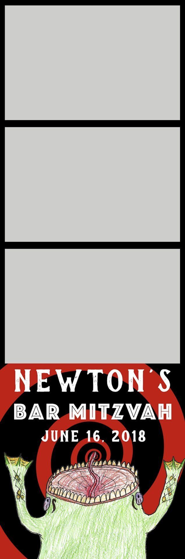 Poster for “Newton’s Bar Nitzvah” with black text on red and a cartoon character raising both arms.