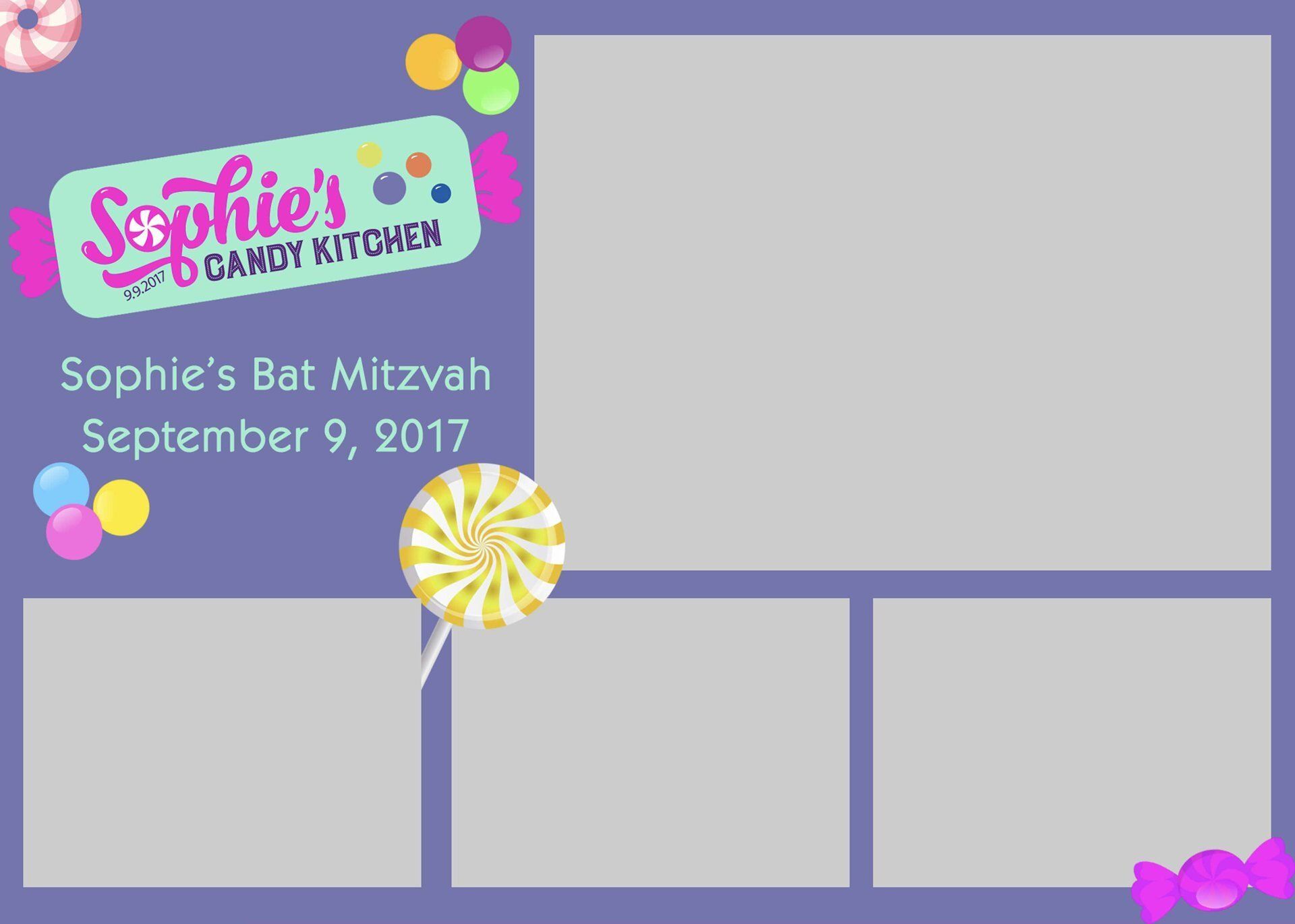 Sophie’s Candy Bar Bat Mitzvah invitation with pastel candy graphics and empty photo boxes on a purple background