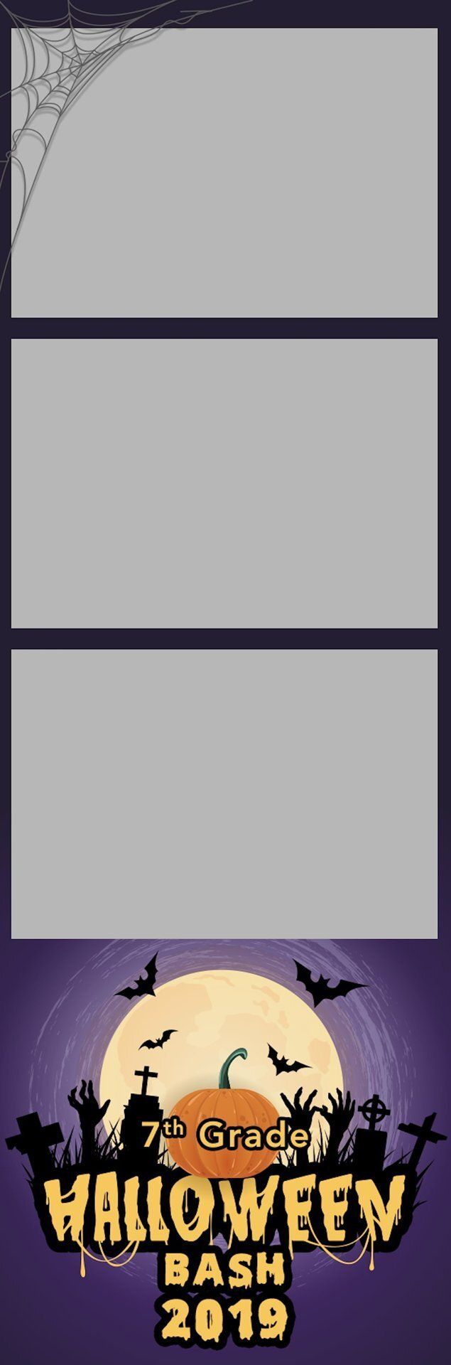 Three empty gray photo placeholders above a Halloween Bash 2019 graphic with bats and jack-o’-lanterns.